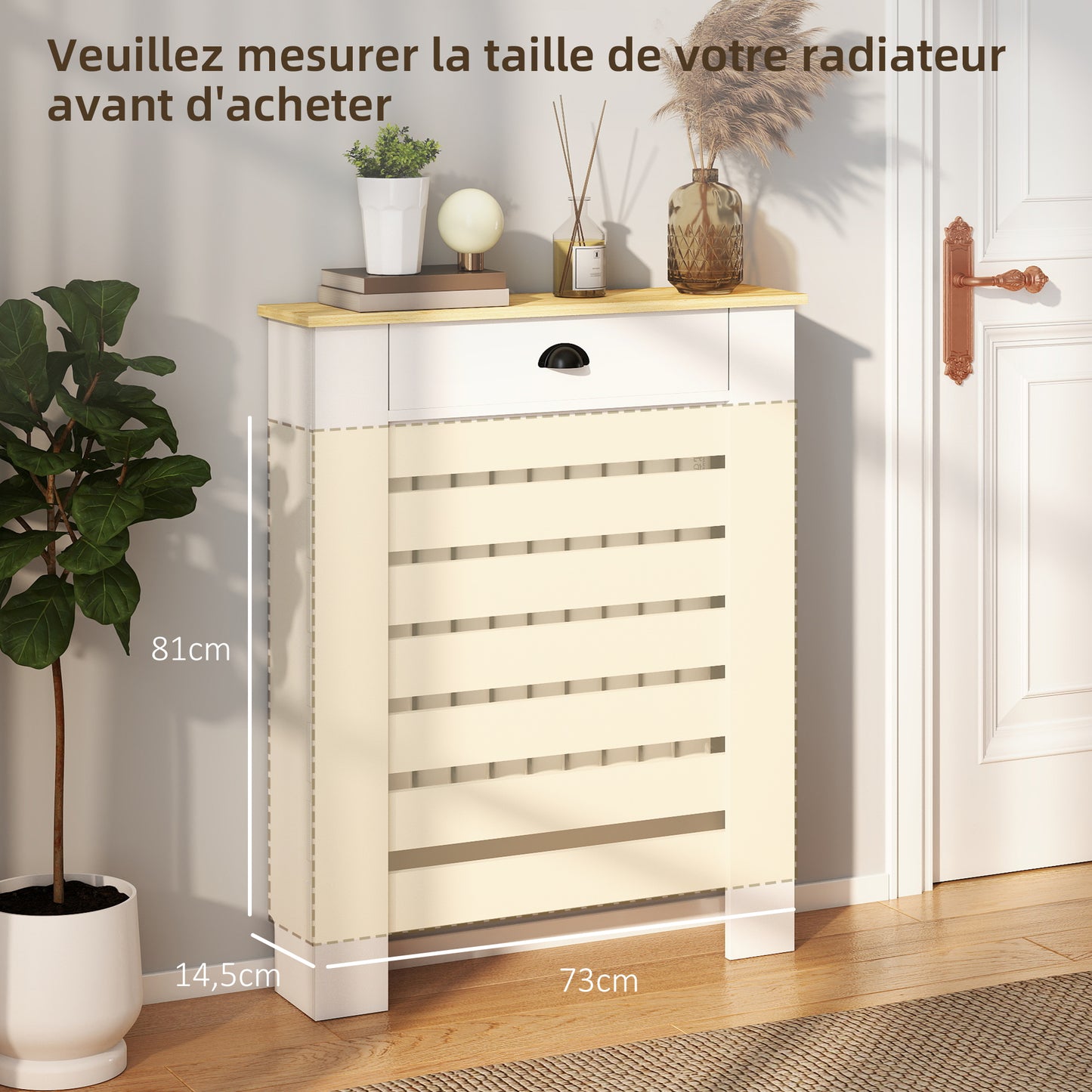 HOMCOM Radiator Cover With Drawer 95.5H x 78W cm White Slatted MDF and Particle Board