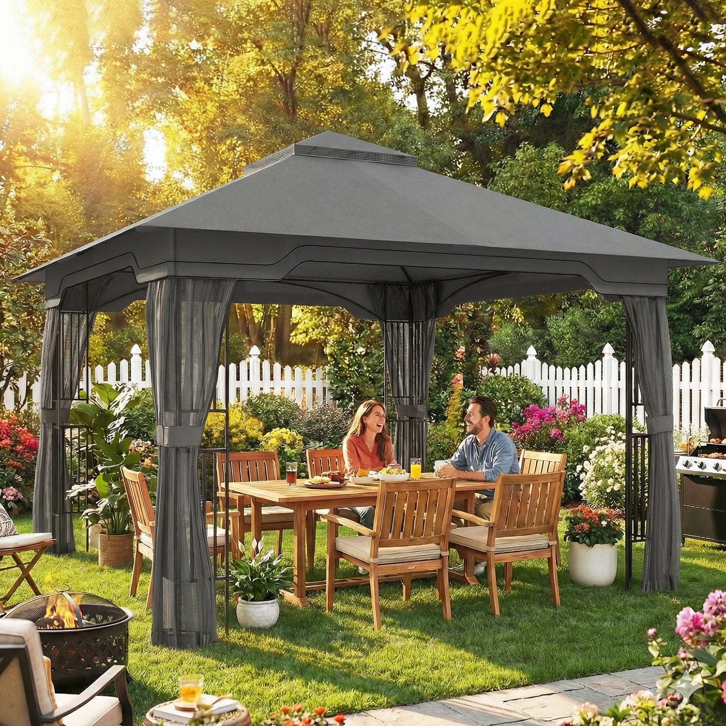 Outsunny 3.3 x 3.3 m Outdoor Garden Gazebo with Post Shelves UPF50 Plus Patio Pavilion Dark Grey