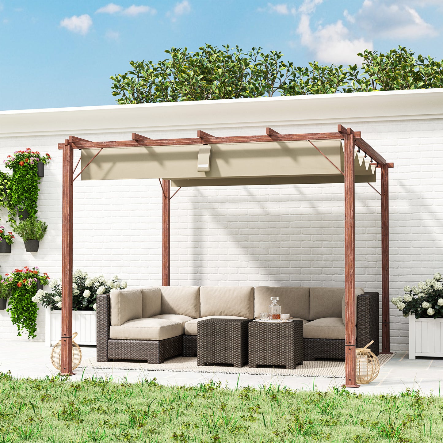 Outsunny 3 x 3 m Retractable Roof Pergola With Aluminum Frame And Natural Wood Finish