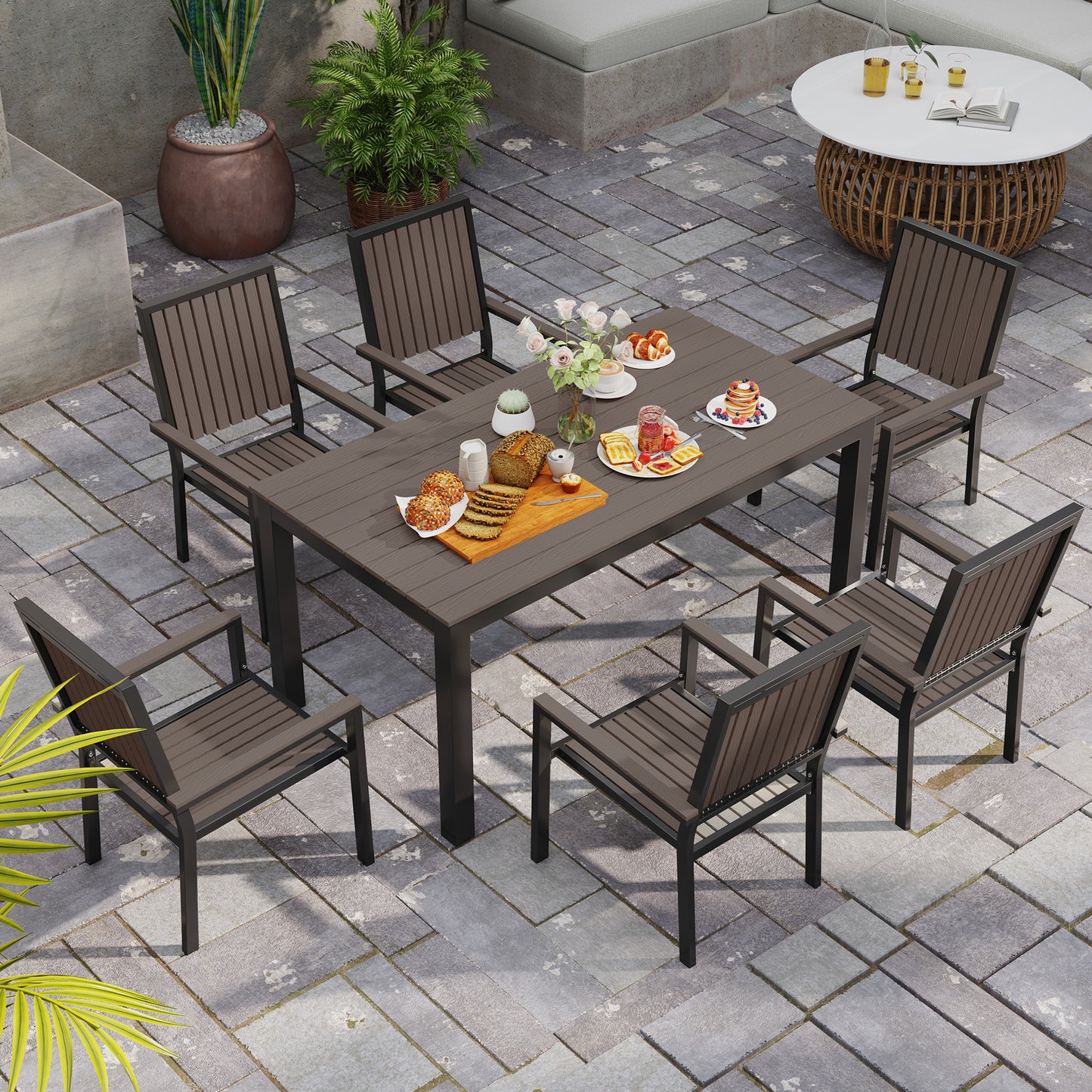 Outsunny 6 Seater Outdoor Garden Dining Set With Stackable Chairs Aluminium Frame Rectangular Plastic Top Brown