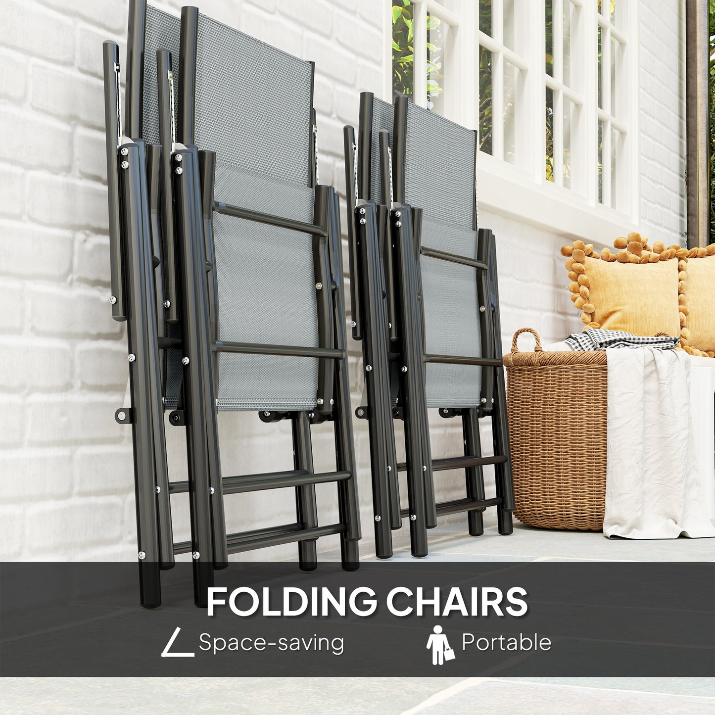 Outsunny Five Piece Steel Frame Patio Dining Set With Square Table And Folding Chairs Grey And Black