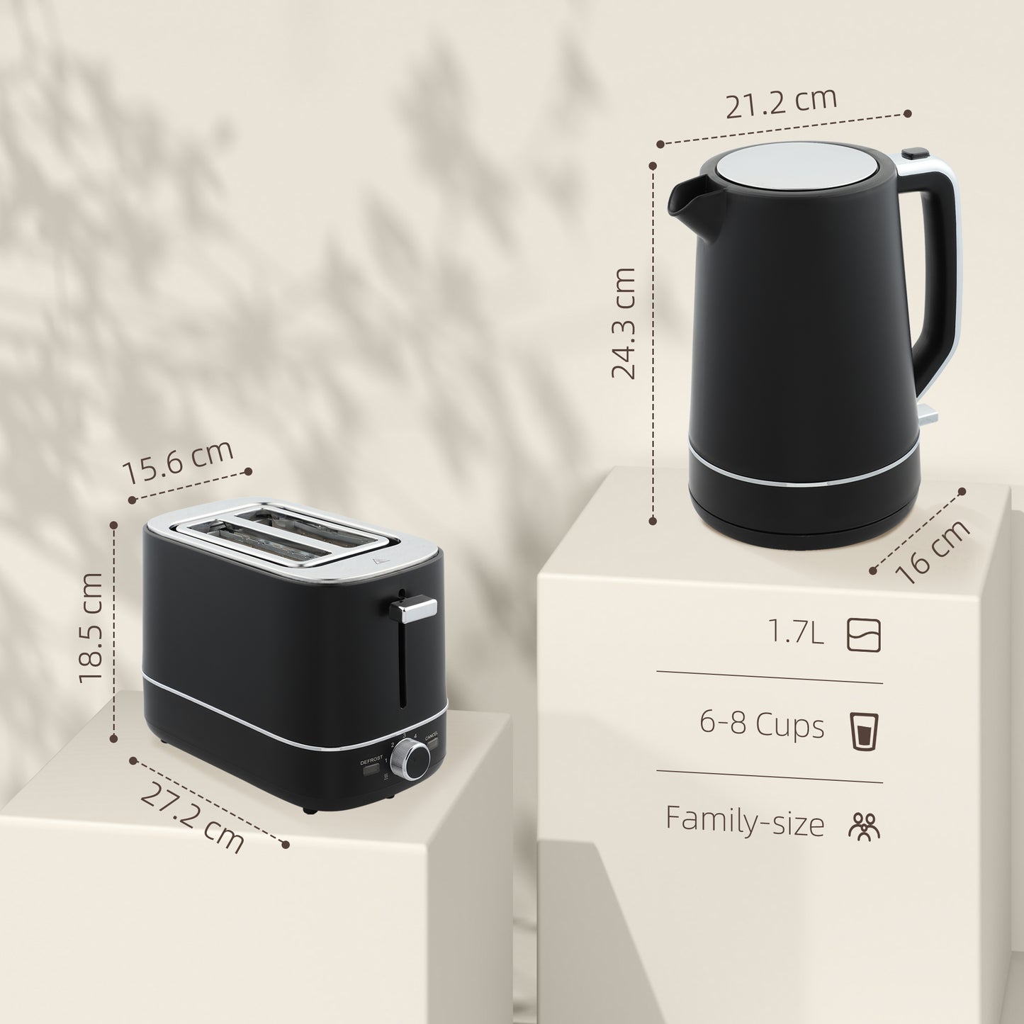HOMCOM Black Kettle And Toaster Set 1.7L 3000W Fast Boil Kettle And 2 Slice Toaster With Defrost Reheat