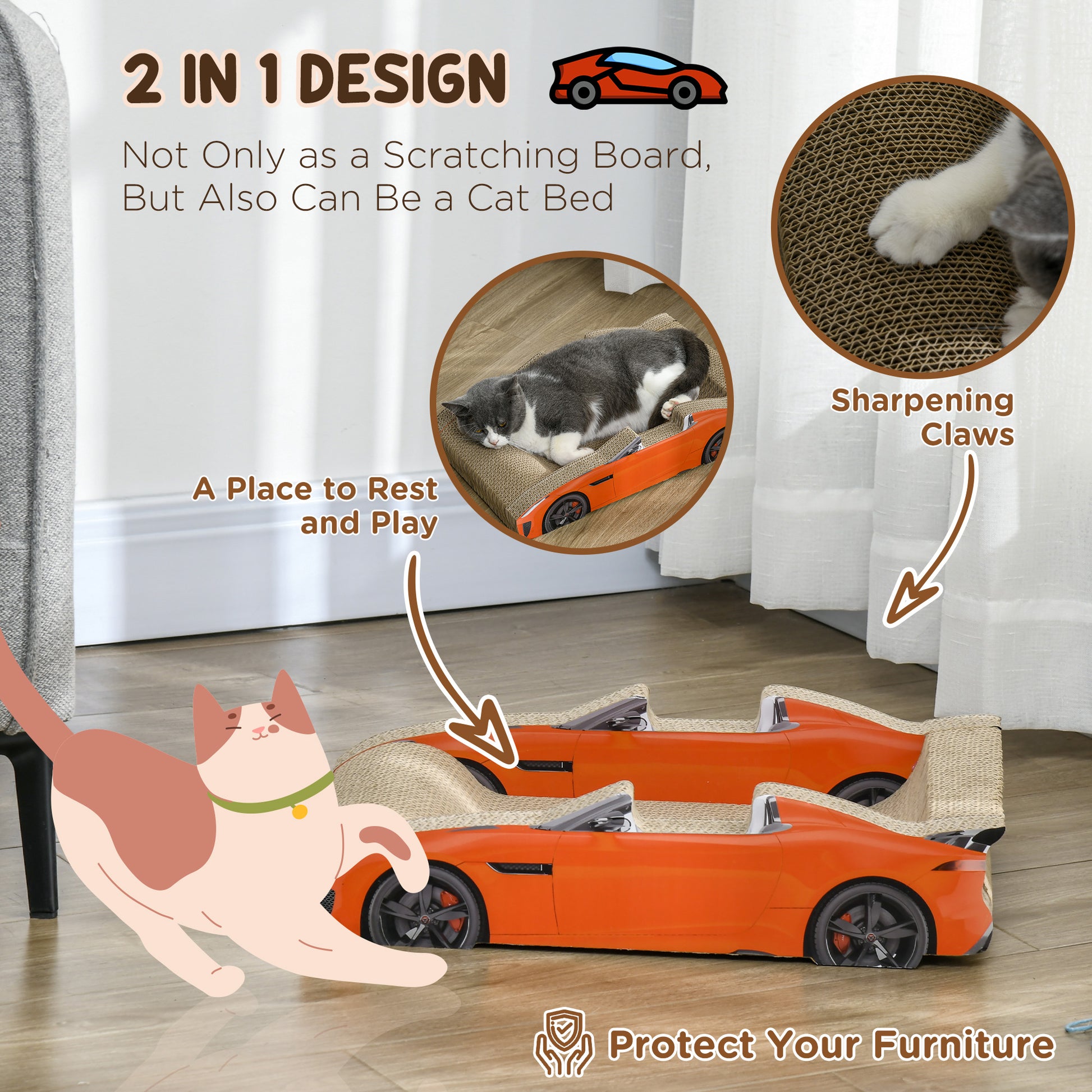 PawHut Car-Shape Cat Scratcher and Cozy Bed with Catnip - ALL4U RETAILER LTD