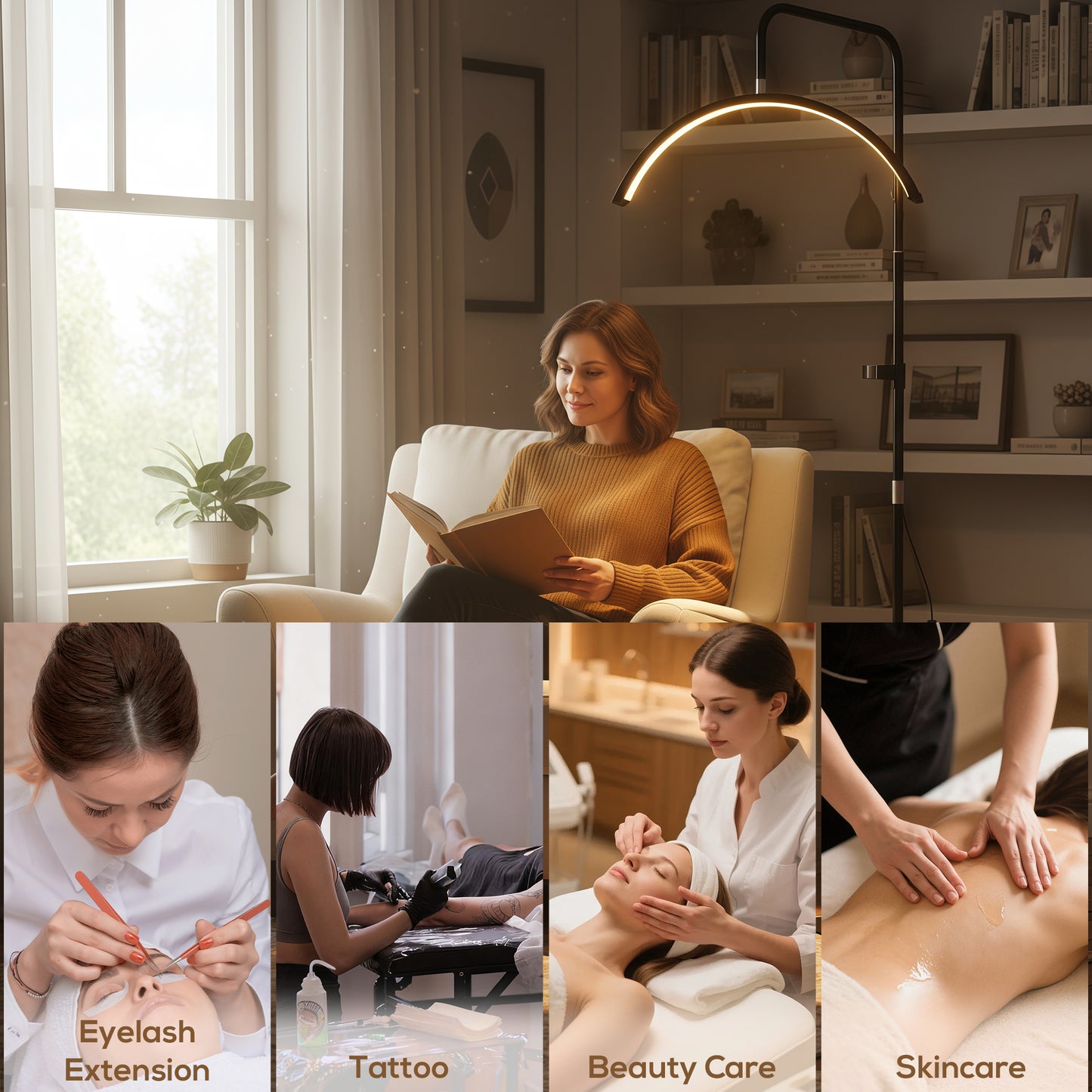 HOMCOM Half Moon Lash Light Floor Lamp With 350 Degree Rotatable Head 7 Color Temperatures Dimmable Phone Holder Black