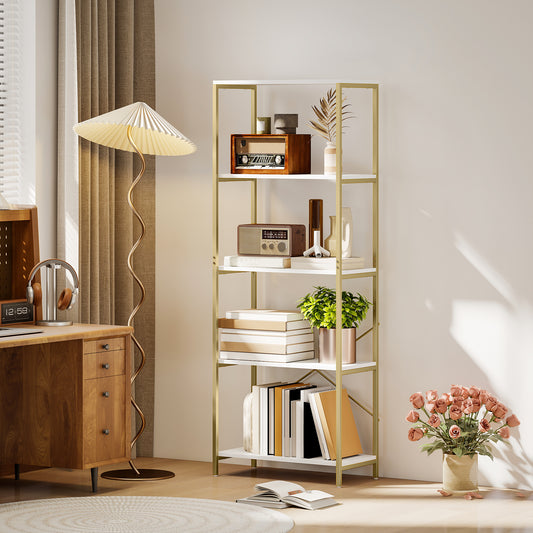 HOMCOM 5 Tier Bookshelf Modern Bookcase With Metal Frame White And Gold Tone Back X Bar Support