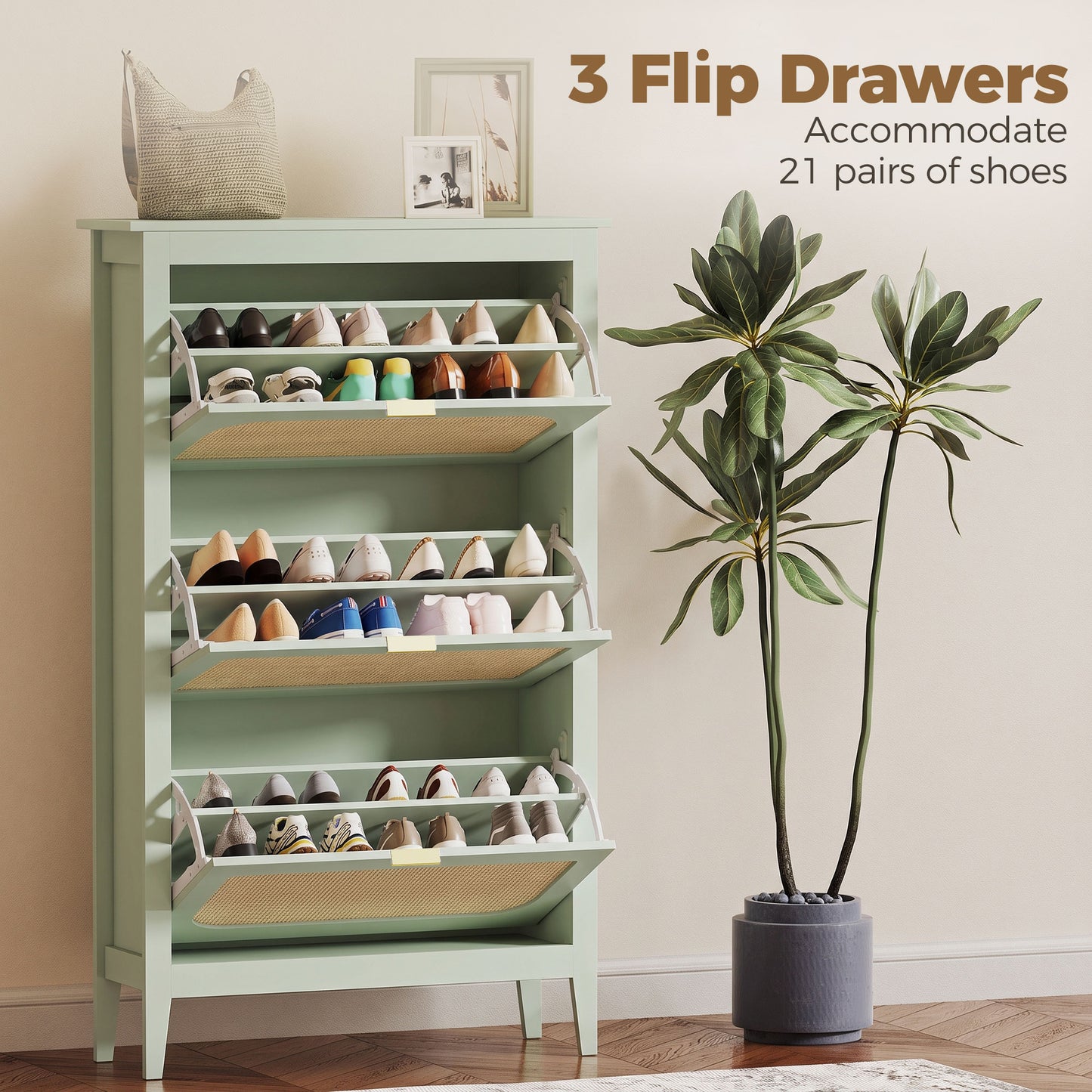 HOMCOM Narrow Boho Shoe Cabinet With Three Flip Drawers Holds 21 Pairs Light Green Entryway Storage