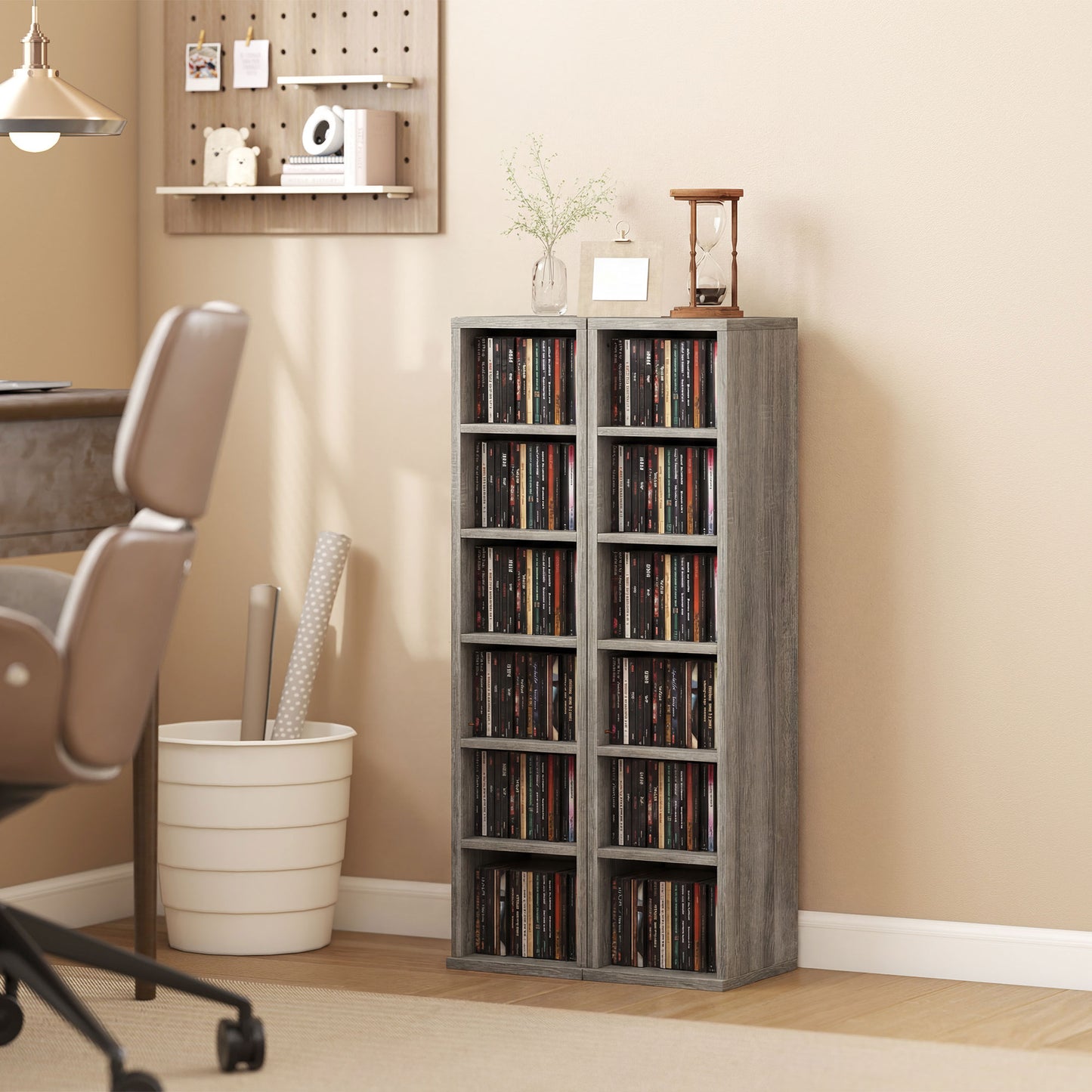 HOMCOM Set Of 2 Distressed Grey CD Media Display Shelves With Adjustable Shelves And Six Compartments Tower Rack