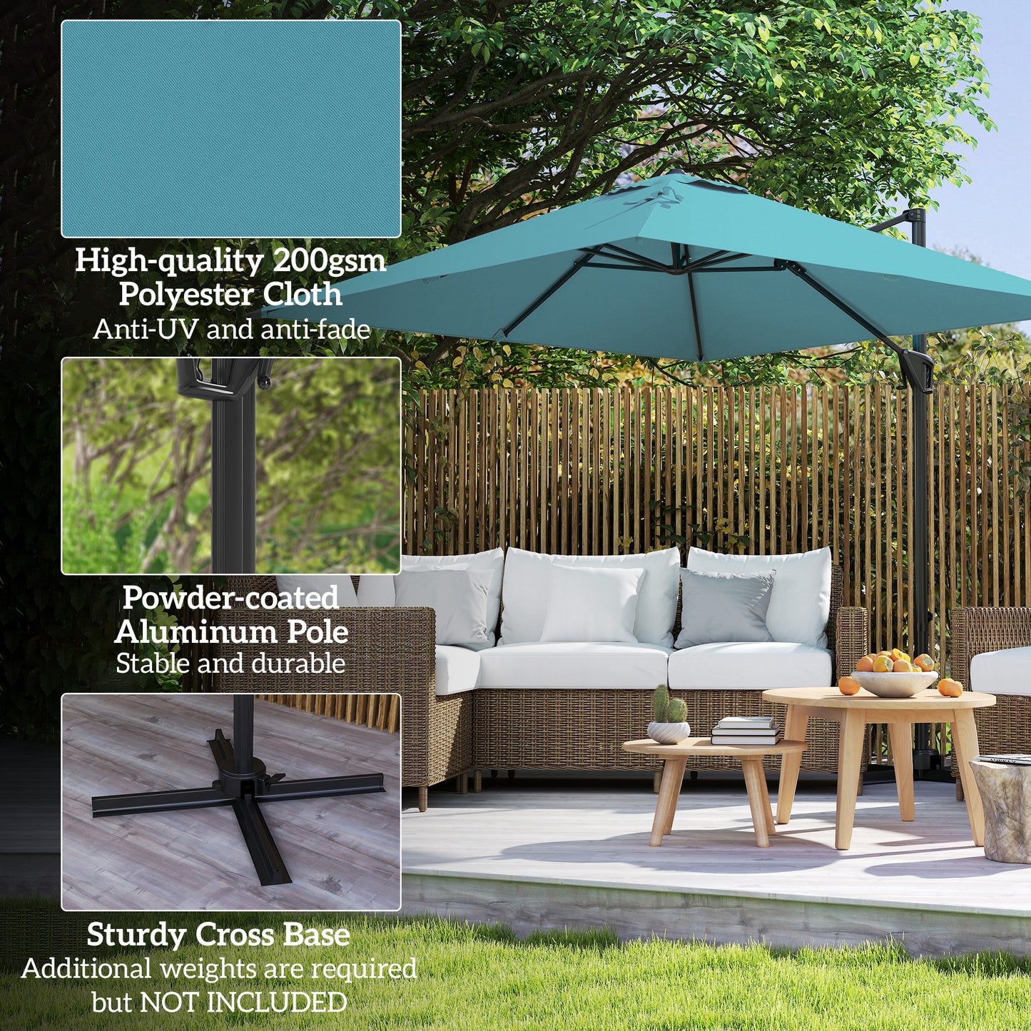 Outsunny Patio Offset Cantilever Parasol Umbrella With Base Blue, Adjustable 360 Degree Rotation And Five Positions
