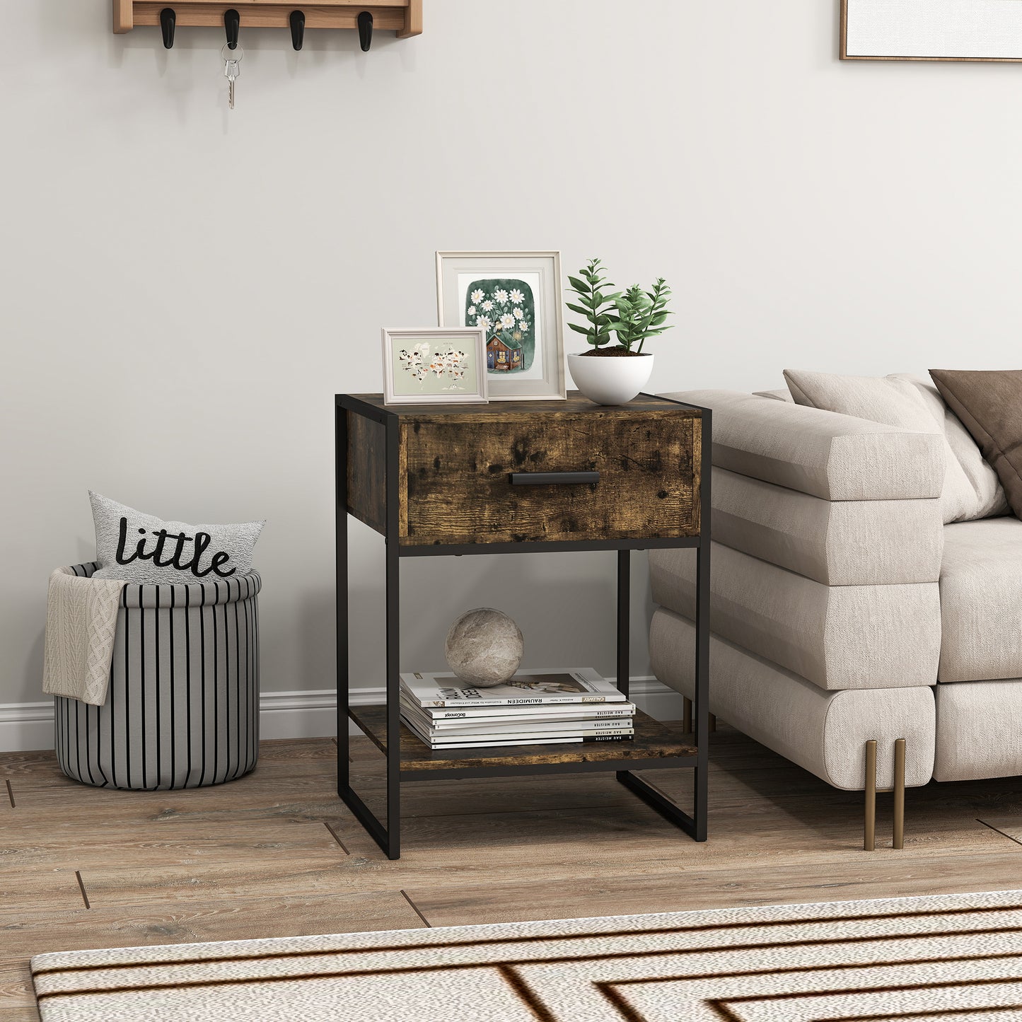 HOMCOM Modern Bedside Table With Drawer And Shelf In Rustic Brown And Black Frame