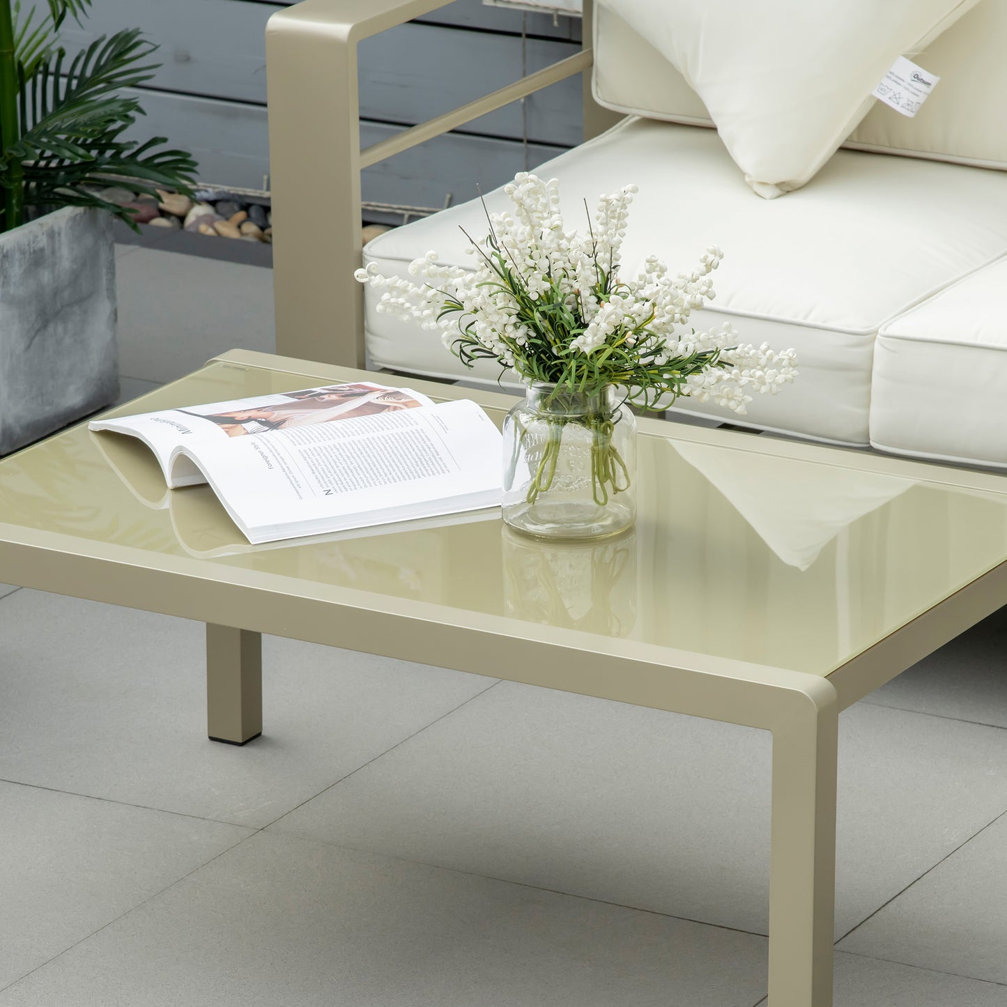 Outsunny Four Piece Outdoor Garden Furniture Set Aluminium Frame Champagne Gold Cushioned Loveseat And Glass Top Table