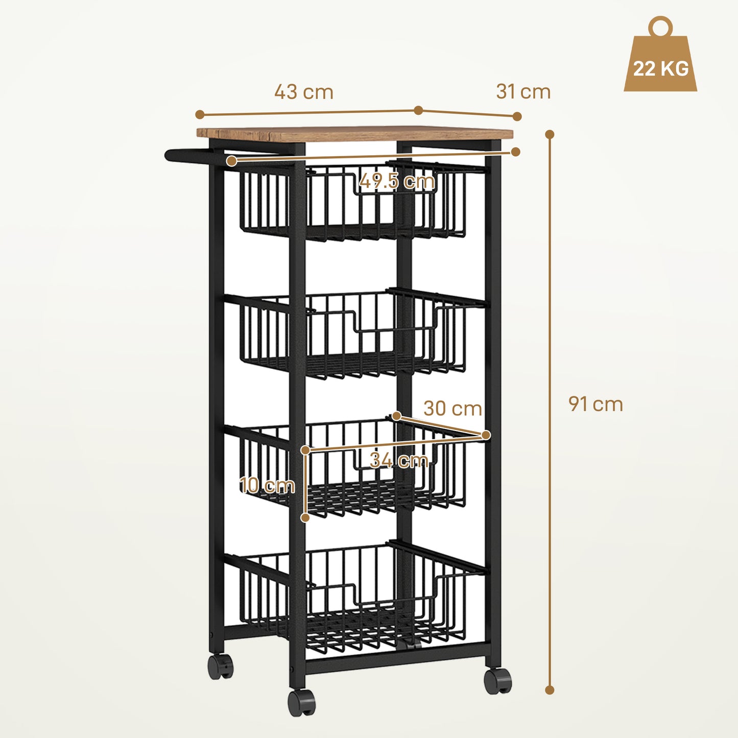Homcom Four Basket Mobile Kitchen Island With Brakes Oak And Black Top For Extra Counter Space Kitchen Organization
