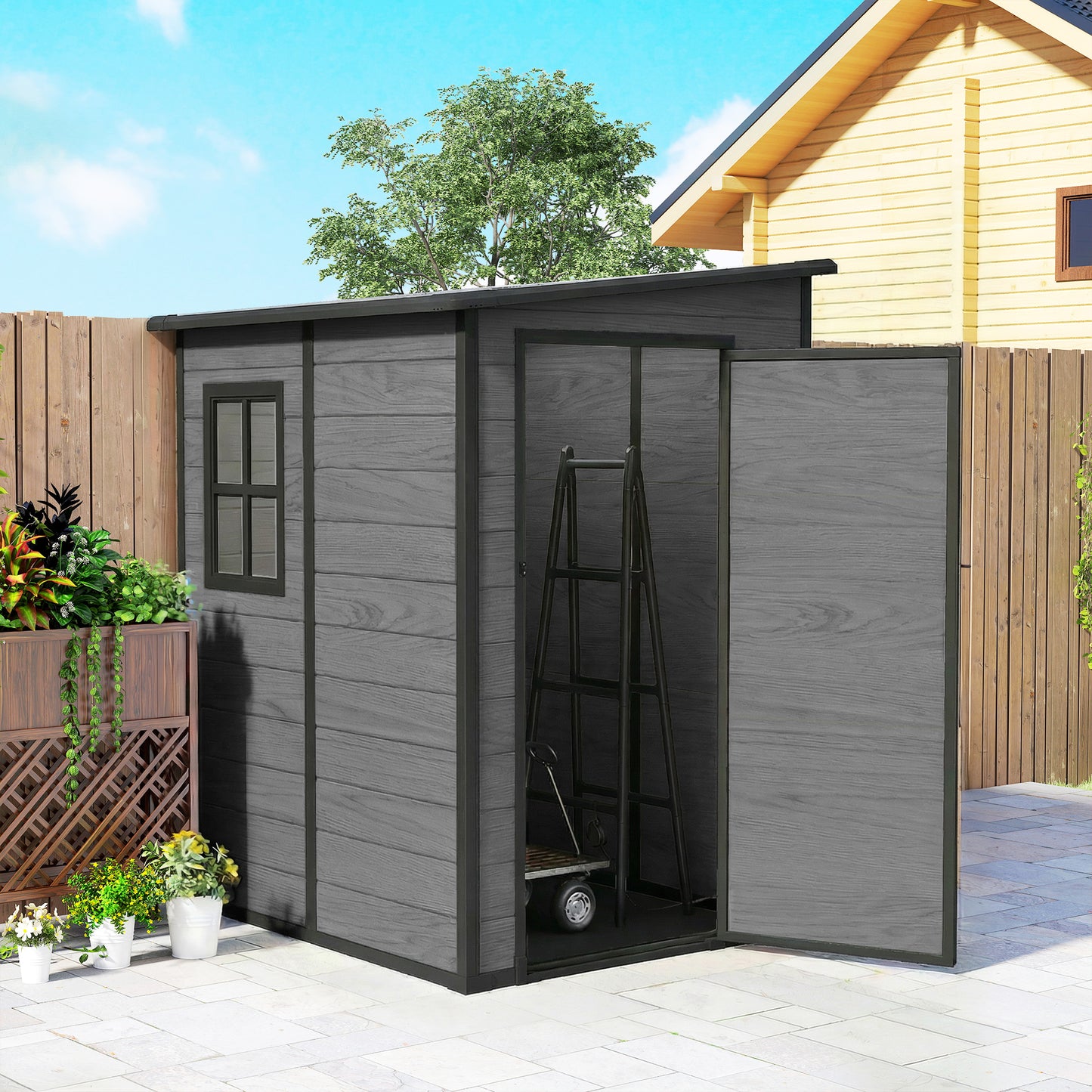 Outsunny 4x5 Garden Storage Shed Lean To Lockable Shed With Window Vent And Plastic Roof Wood Effect