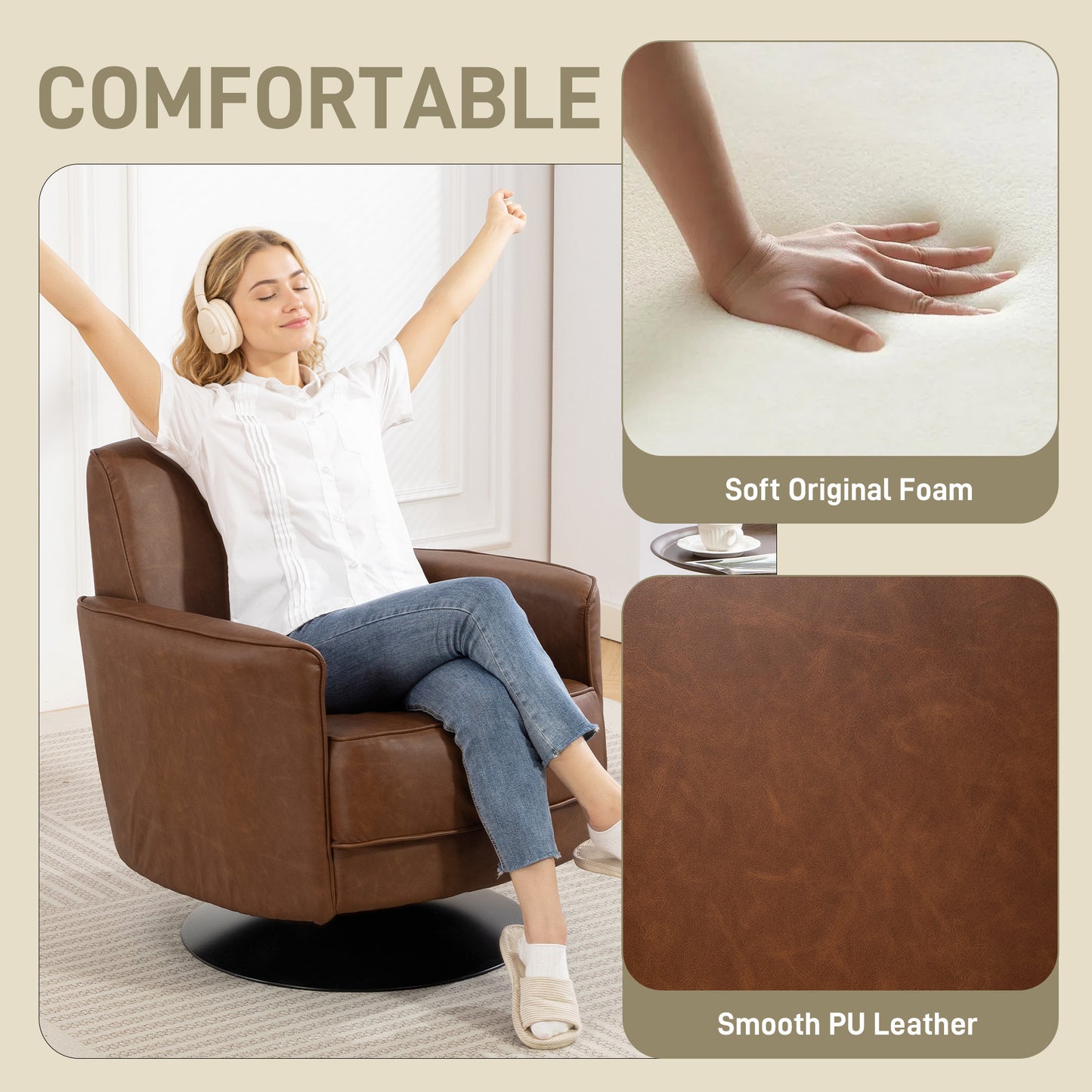 HOMCOM Upholstered Swivel Accent Chair With Pocket Spring Seat Support And 20cm Thick Padding Brown