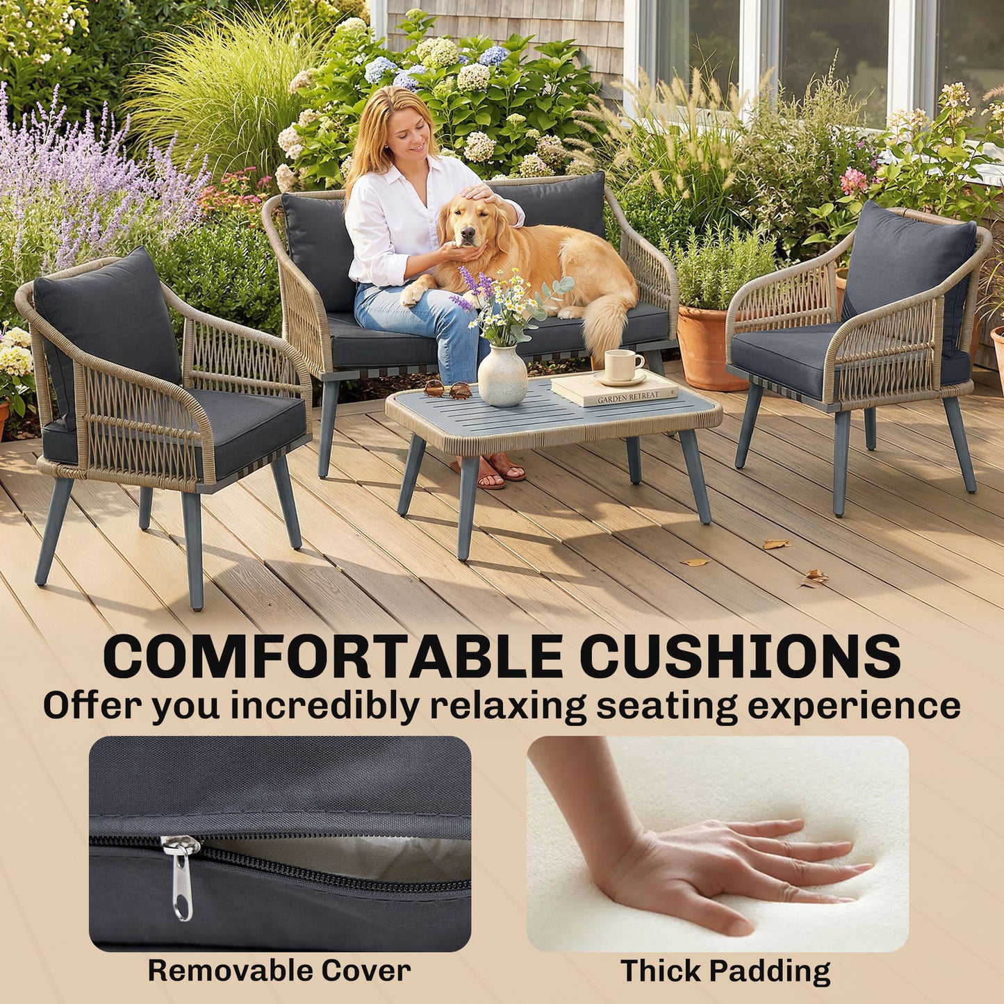 Outsunny 4 Piece Rattan Garden Furniture Set With Loveseat, Armchairs And Wood Table In Grey
