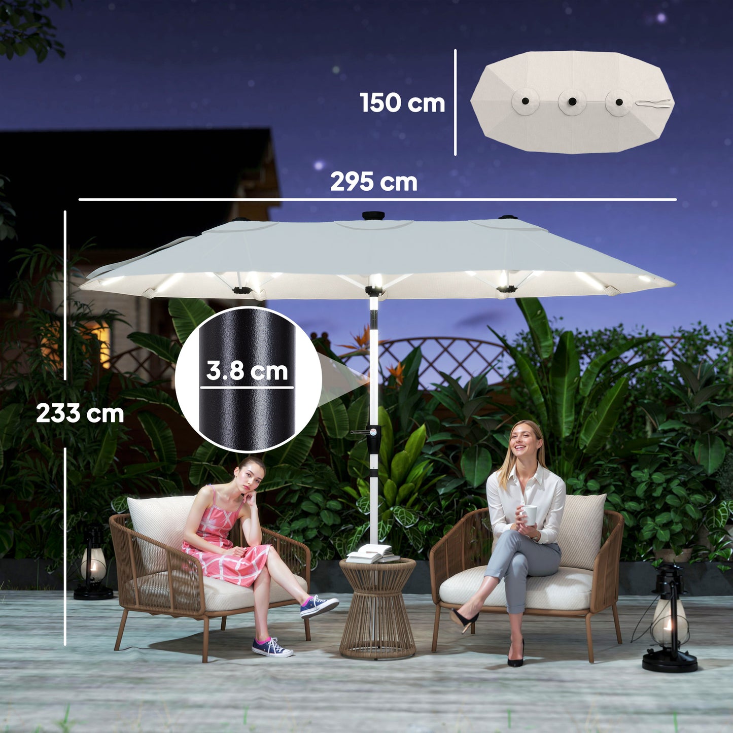 Outsunny 3m Double Sided Garden Parasol With Led Solar Lights Cream White Outdoor Sun Umbrella With Crank