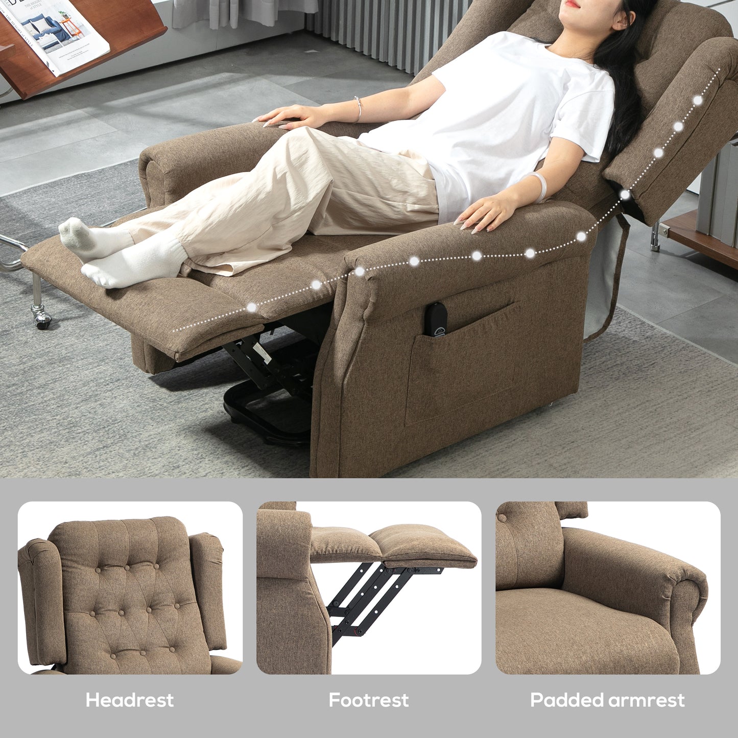 HOMCOM 45 Degree Lifting Riser Recliner Armchair In Dark Brown With 150 Degree Back Recline And Footrest