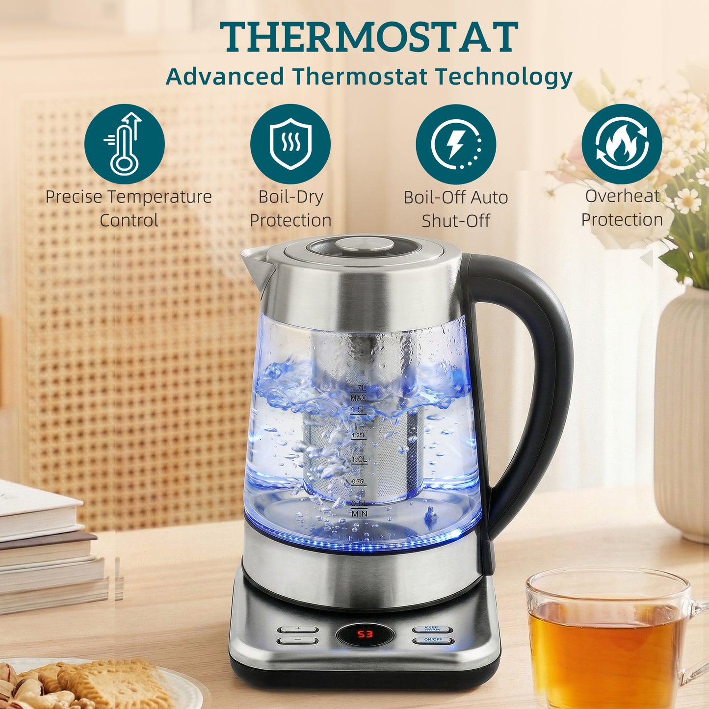 HOMCOM Electric Kettle 1.7L 3000W Fast Boil With Strix Thermostat Tea Infuser 5 Temperature Presets 60-100 C Keep Warm