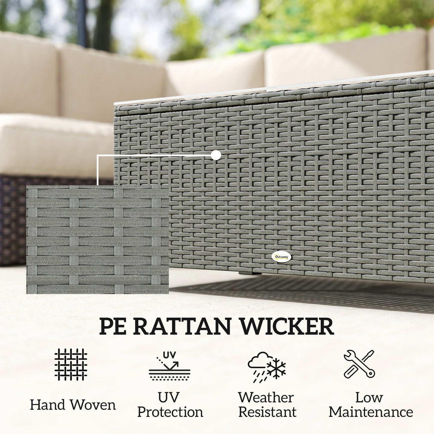 Outsunny Rattan Garden Coffee Table With Glass Top In Light Grey With Sturdy Metal Frame For Outdoor Patio