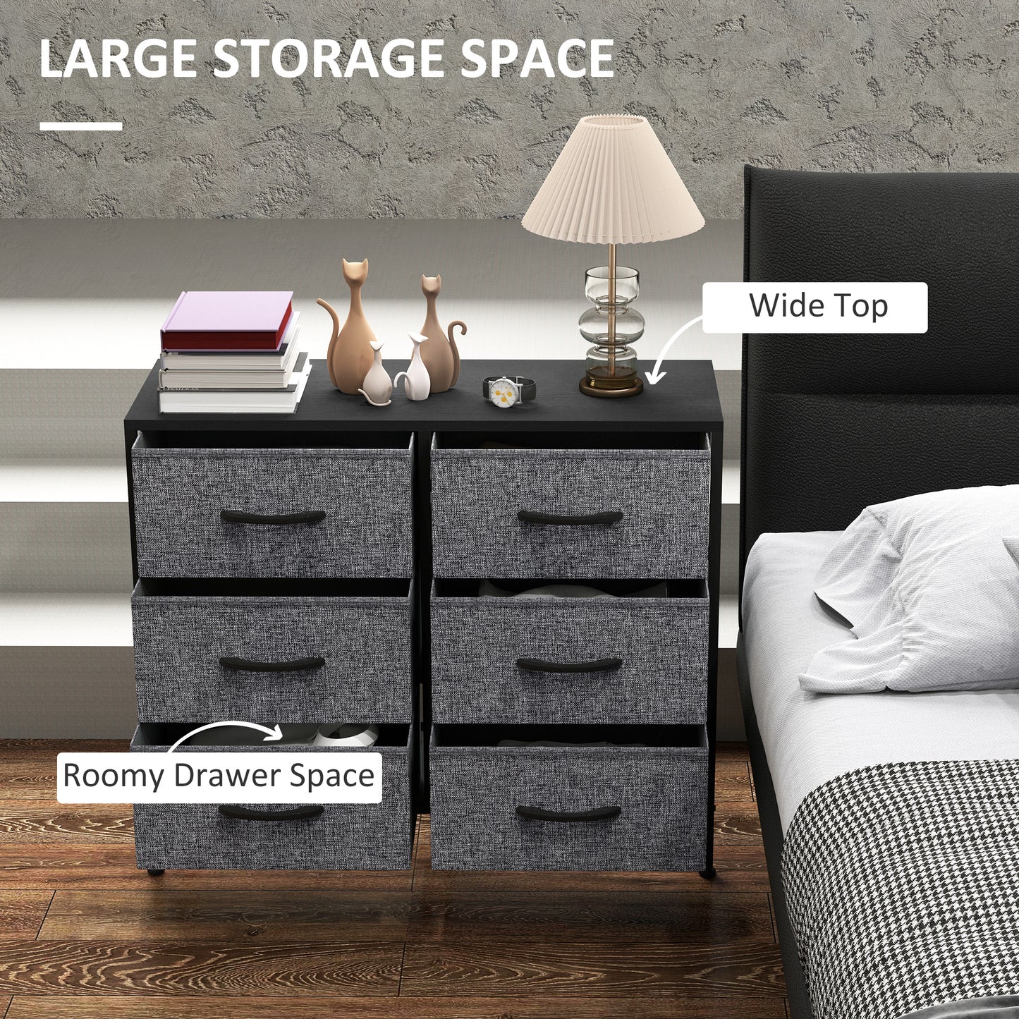 HOMCOM Fabric Chest Of Drawers With Steel Frame And Wooden Top Six Fabric Drawers Industrial Dresser Black