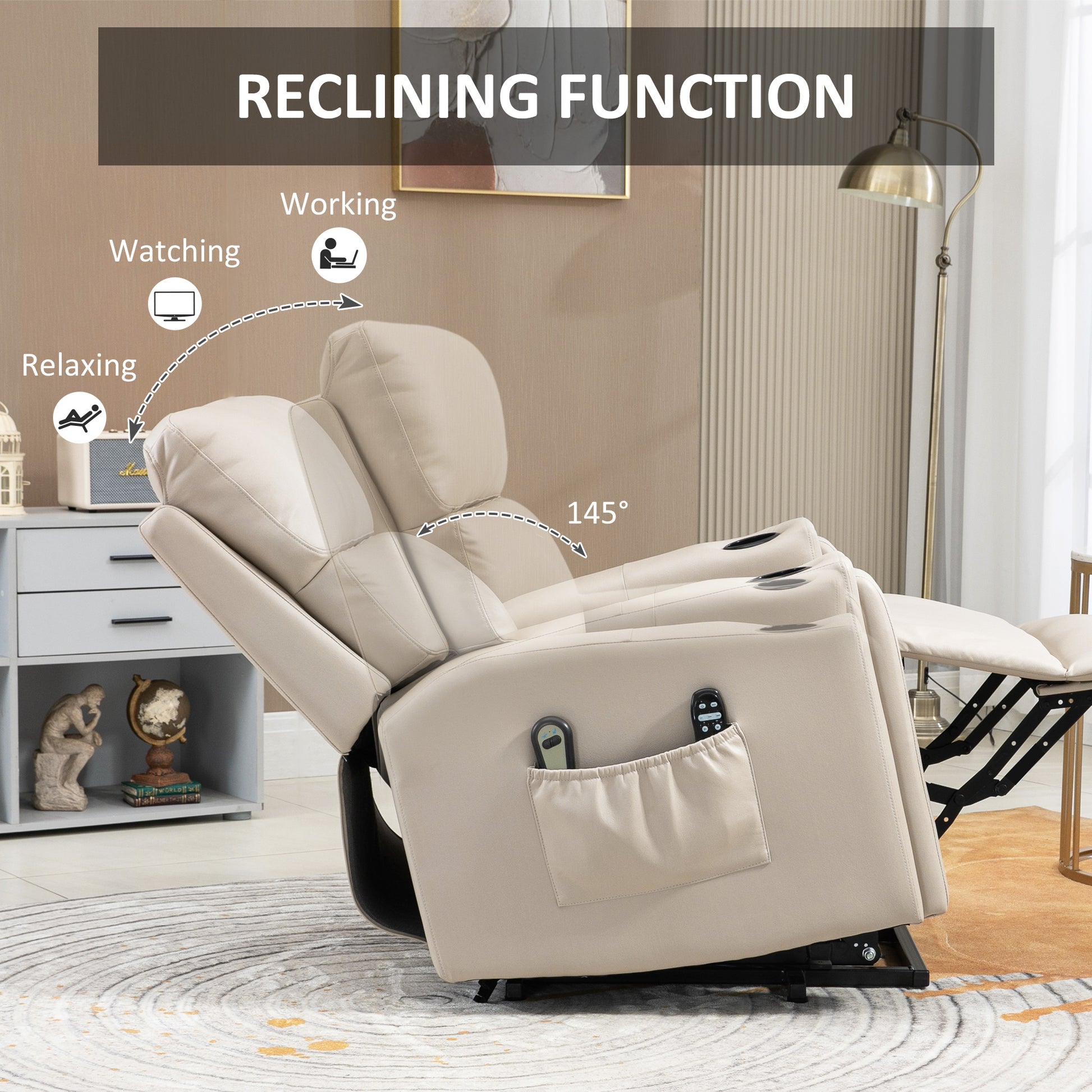 HOMCOM Electric Lift Recliner Chair with Massage, Heating, and Cup Holders - Beige - ALL4U RETAILER LTD