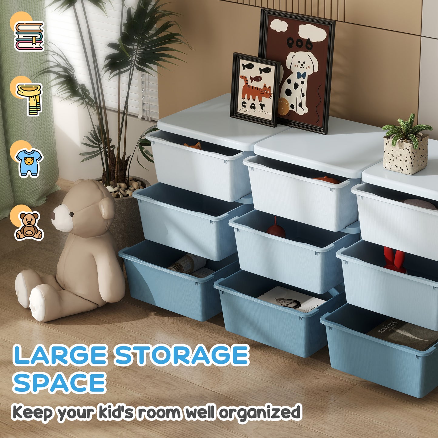 HOMCOM Kids Storage Unit With Nine Drawers Blue Durable PP Material Toy Organizer For Kids Bedroom