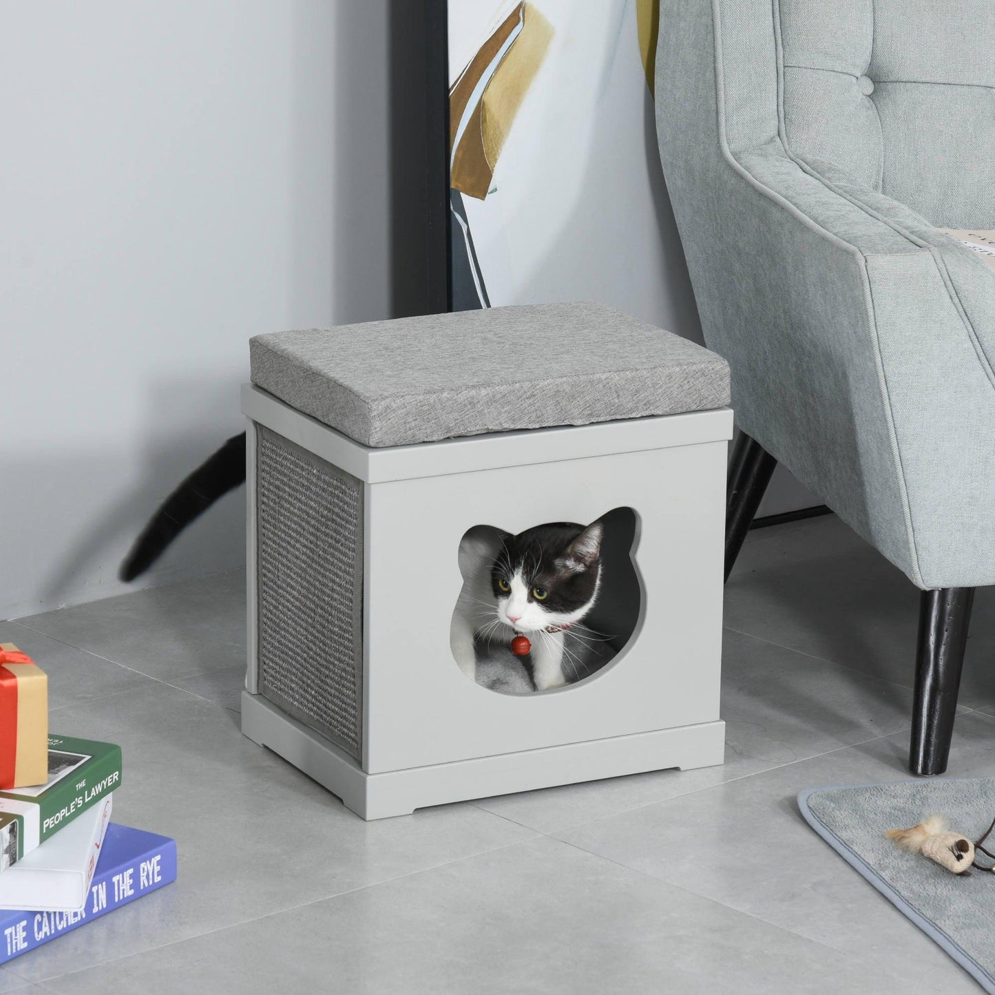 PawHut Cat House Bed Kitten Cave Cube Indoor with Scratching Pads and Soft Cushions, Grey 41x30x36 cm - ALL4U RETAILER LTD