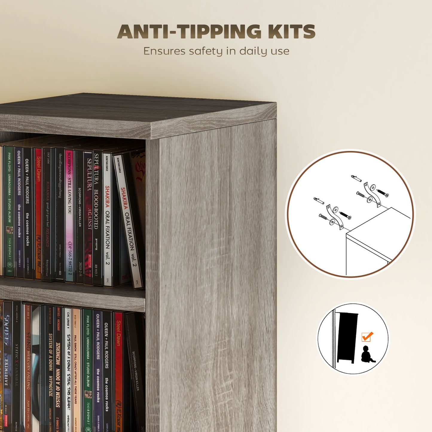 HOMCOM Set Of 2 Distressed Grey CD Media Display Shelves With Adjustable Shelves And Six Compartments Tower Rack