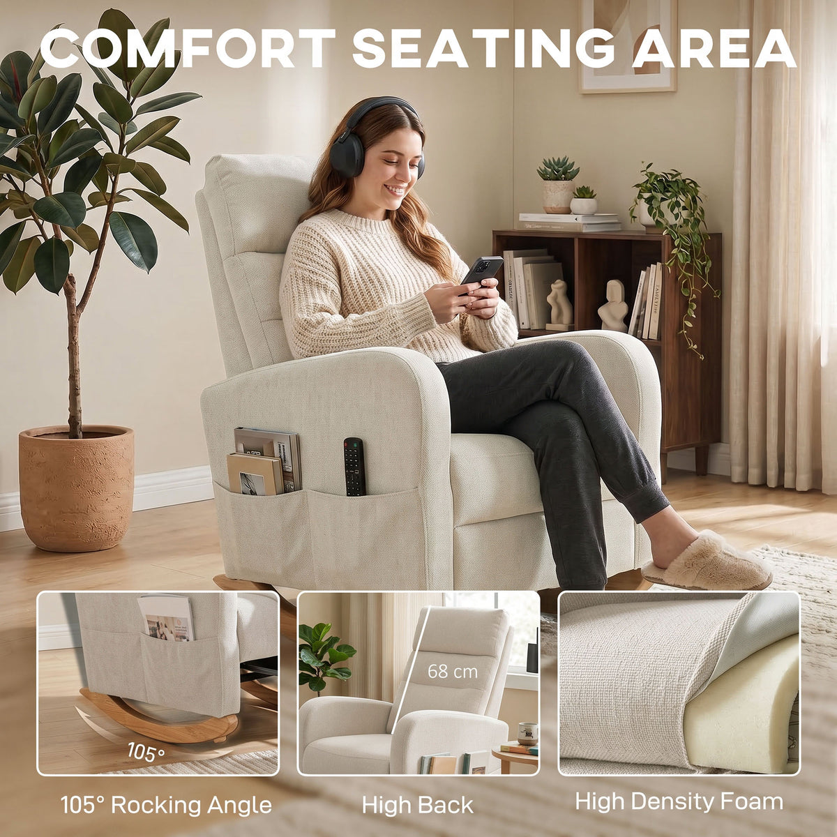 Light beige high-back upholstered rocking chair with wide arms and retractable footrest