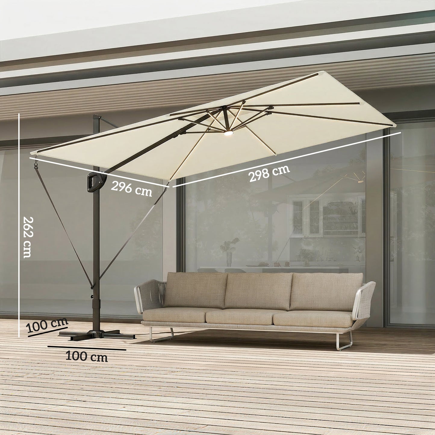 Outsunny 3 x 3 m Garden Cantilever Parasol With Light Cover UPF50 Plus Wind Protection 360 Rotation Cream White