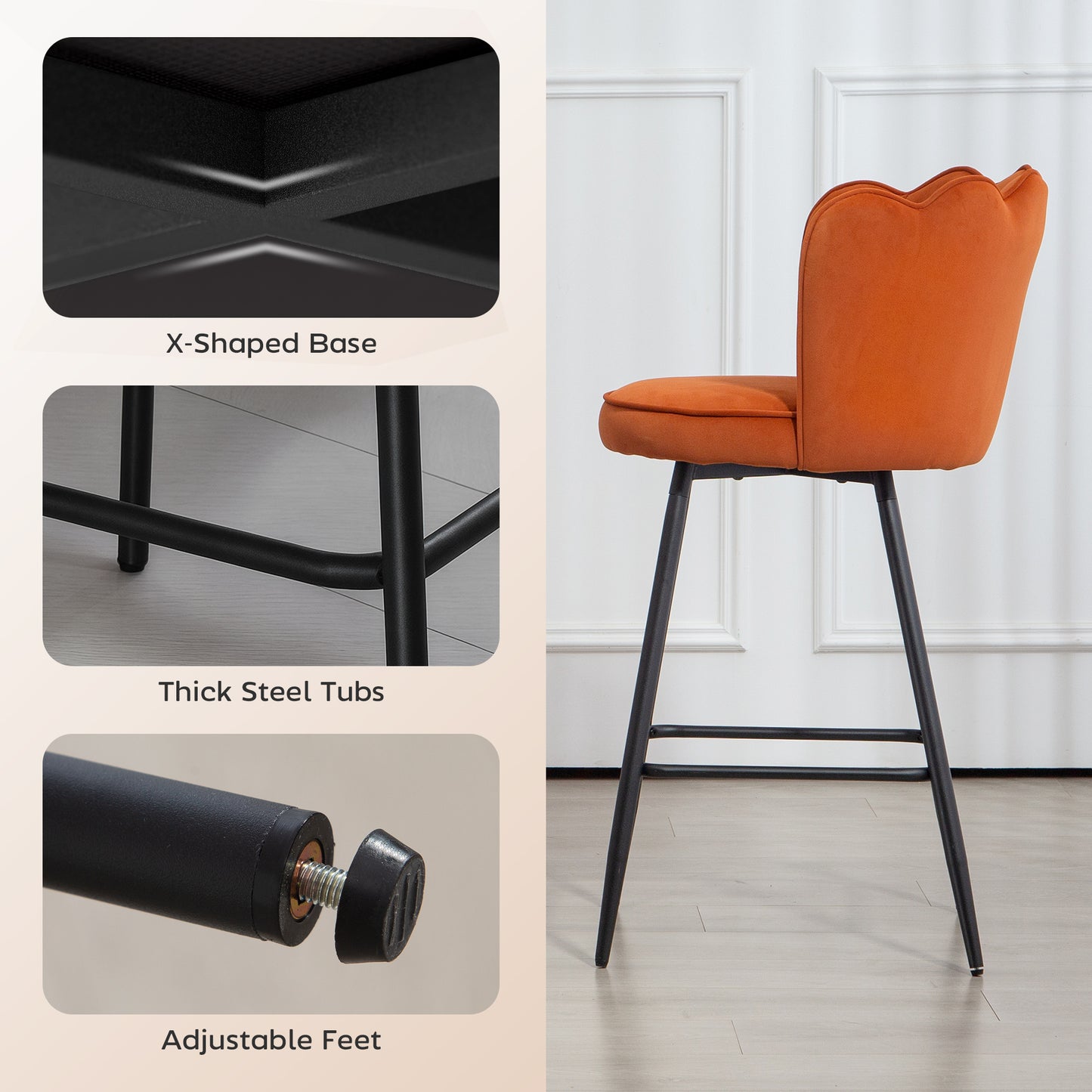 HOMCOM Set Of Two Velvet Feel Lotus Bar Stools Orange With High Back Durable Foam Cushions