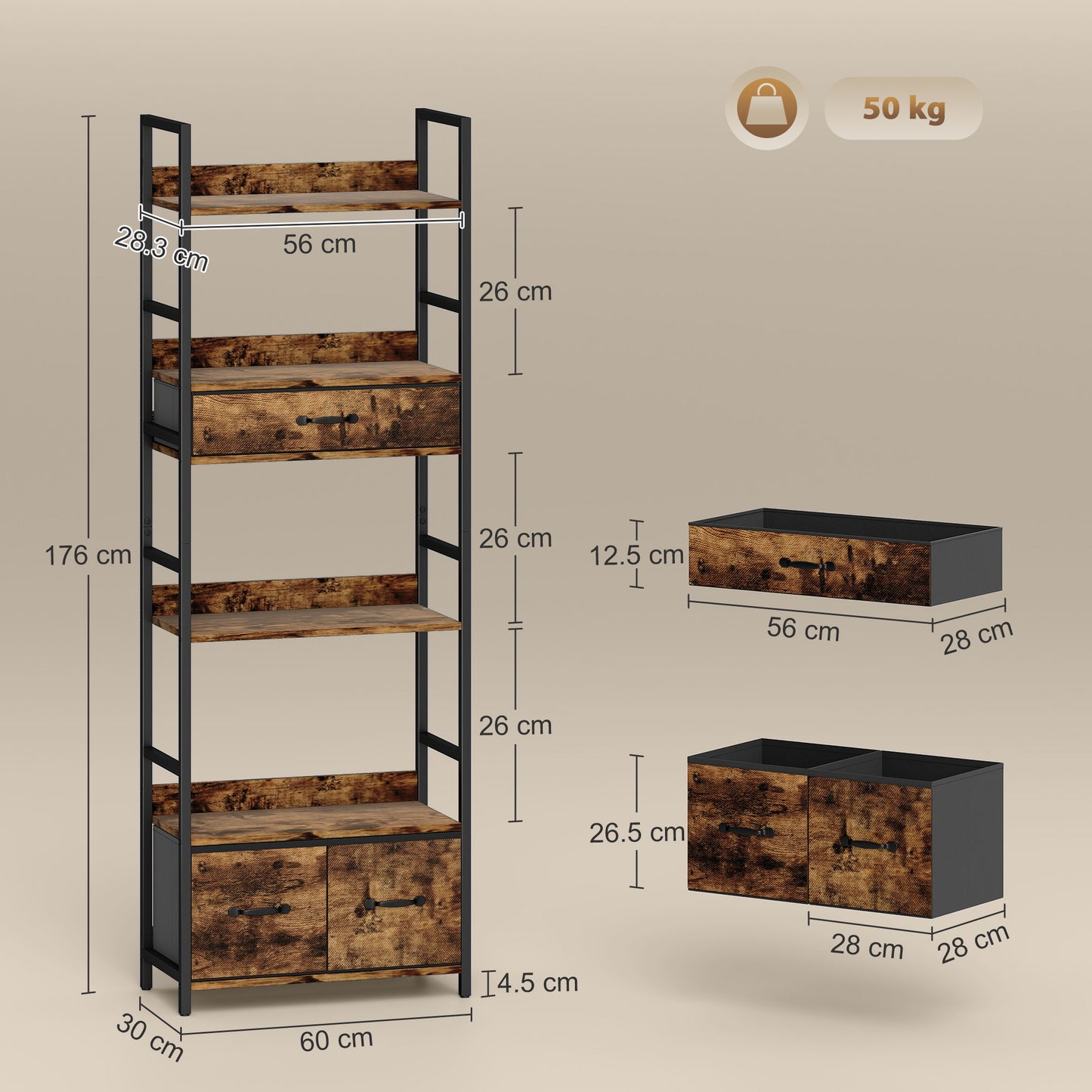 HOMCOM Industrial Style Bookcase With 4 Shelves And 3 Fabric Drawers Brown Black