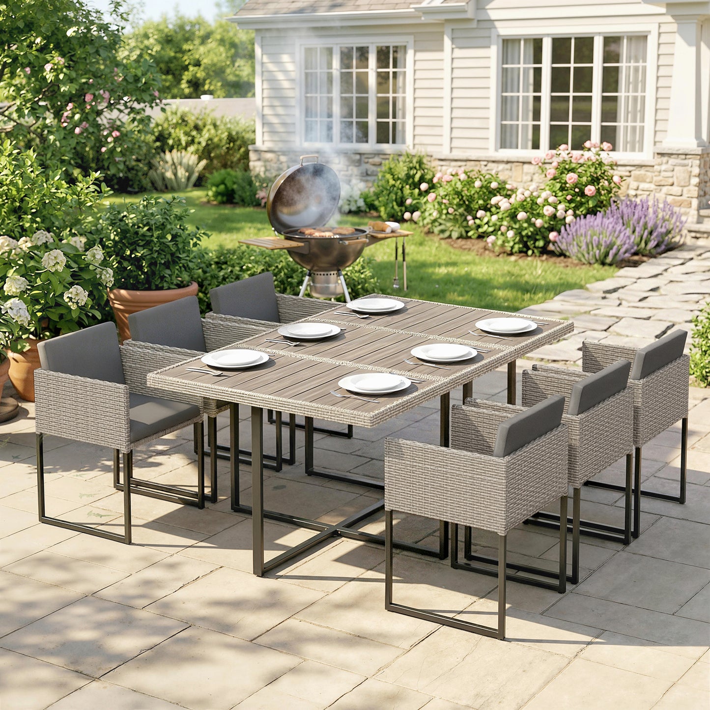 Outsunny 7 Piece Rattan Garden Furniture Set With Wood Plastic Table And 6 Stackable Chairs Light Grey