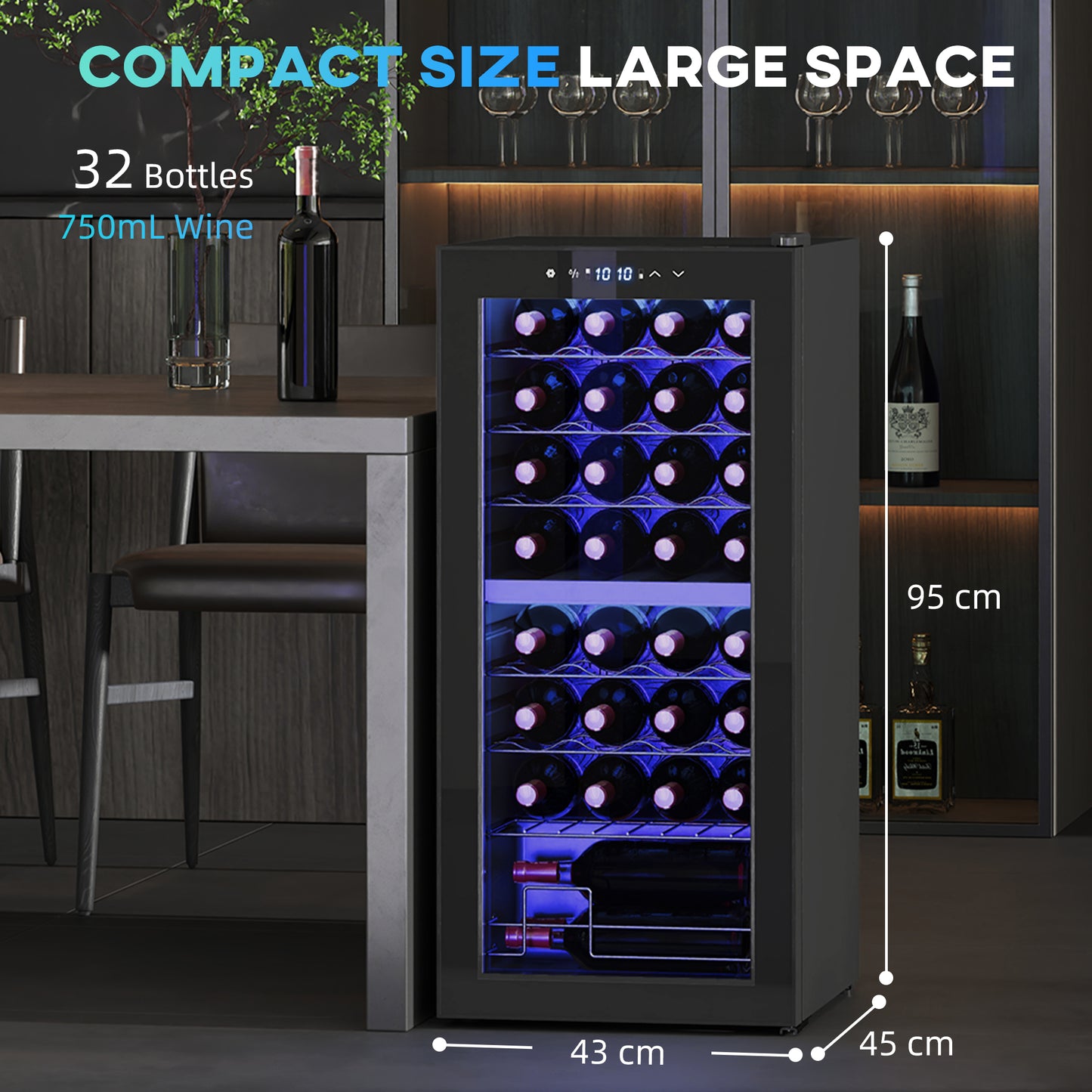 HOMCOM 32 Bottle Dual Zone Wine Fridge Black With Temperature Range Five To Eighteen Celsius And Eight Full Length Racks