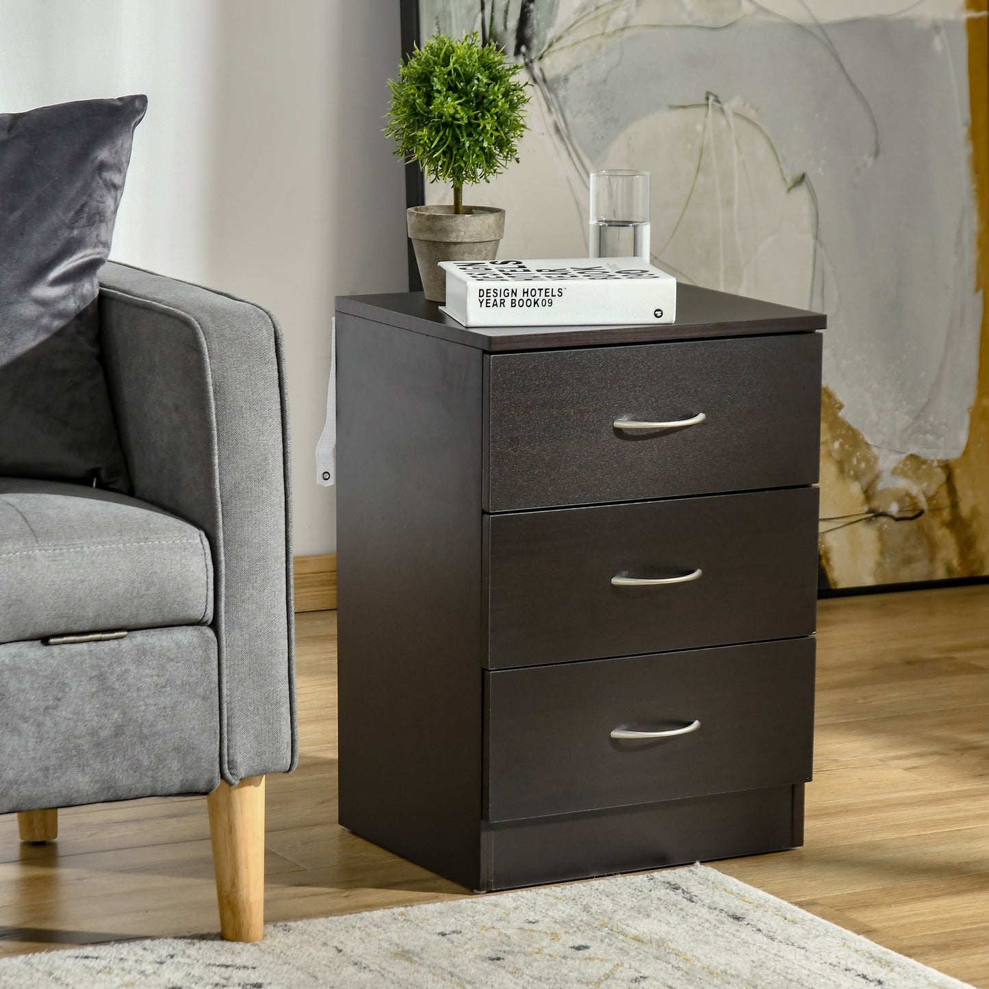 HOMCOM Three Drawer Bedside Table Black Nightstand With Ample Storage For Bedroom Organization