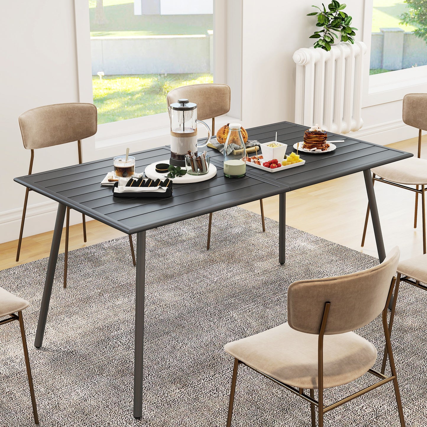 Outsunny Rectangle Garden Table With Slat Top Steel Frame Outdoor Table For Six People 150 x 80 x 74 Cm Grey