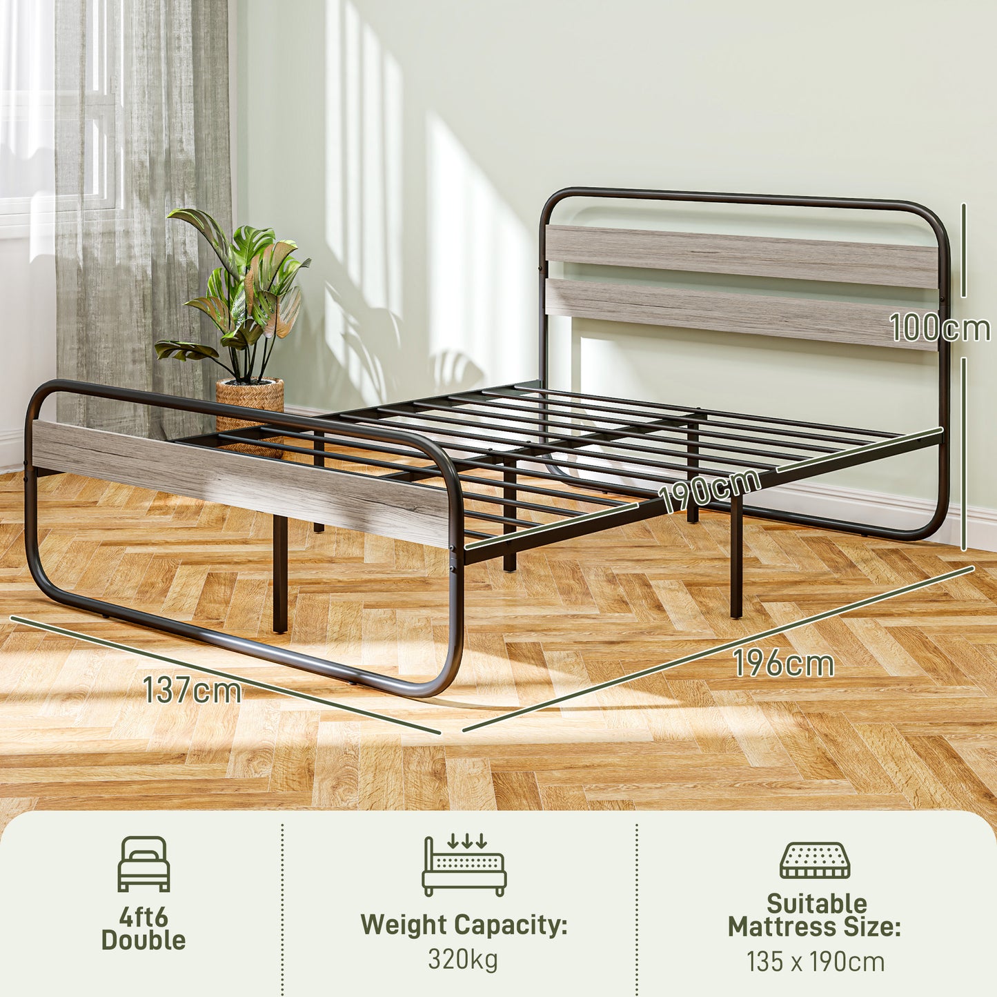 HOMCOM 4ft6 Double Bed Frame Metal Platform Bed With Under Bed Storage No Box Spring Needed Easy Assembly Grey