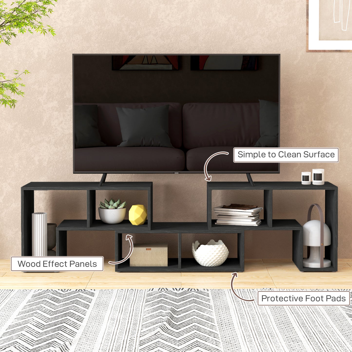 HOMCOM Three Block Modular TV Stand Black Wood Effect with Six Shelves for Up to 75 Inch Screens