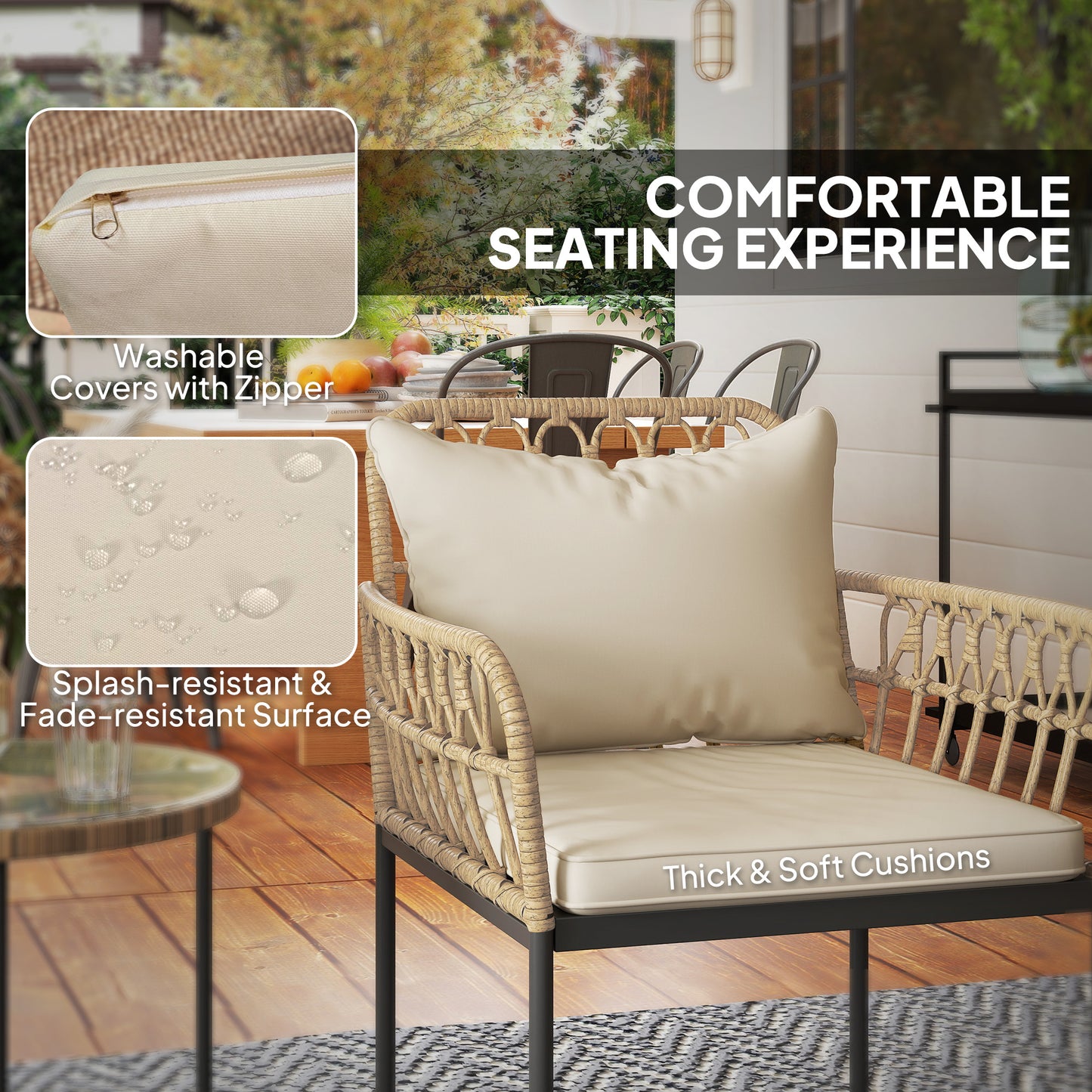 Outsunny 3 Piece Rattan Bistro Set Outdoor Wicker Garden Furniture With Cushions Glass Top Table And Chairs Beige