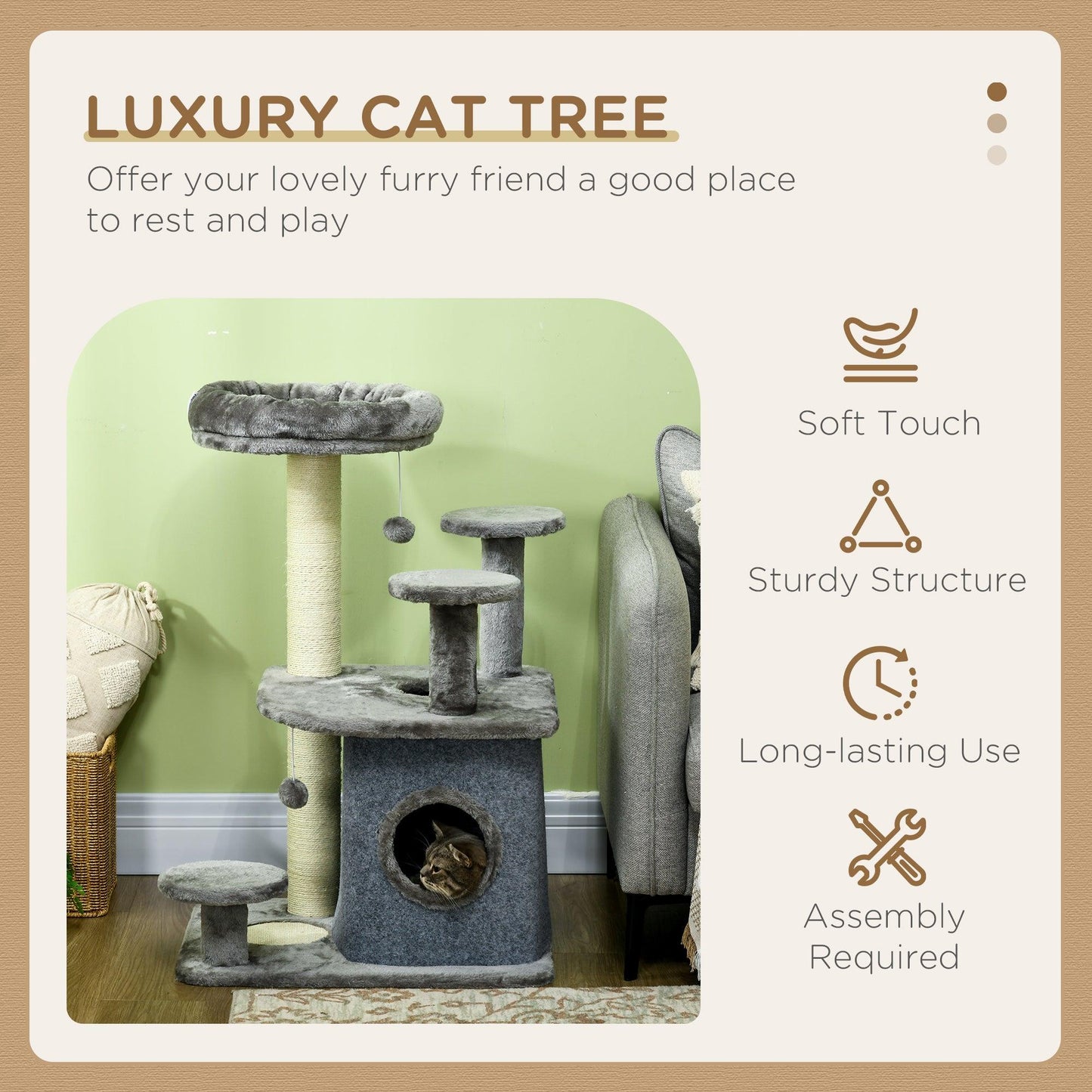 PawHut 92cm Cat Tree for Indoor Cats, Cat Tower with Scratching Posts, House, Bed, Grey - ALL4U RETAILER LTD