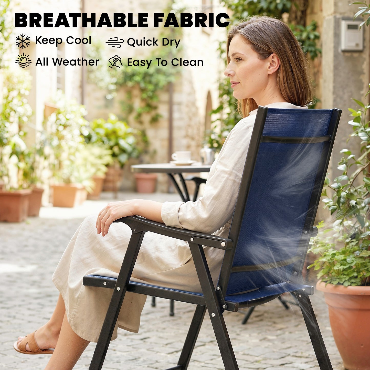 Outsunny Folding Garden Chairs Set Of 2 With High Back Armrests Texteline Seat Navy Blue