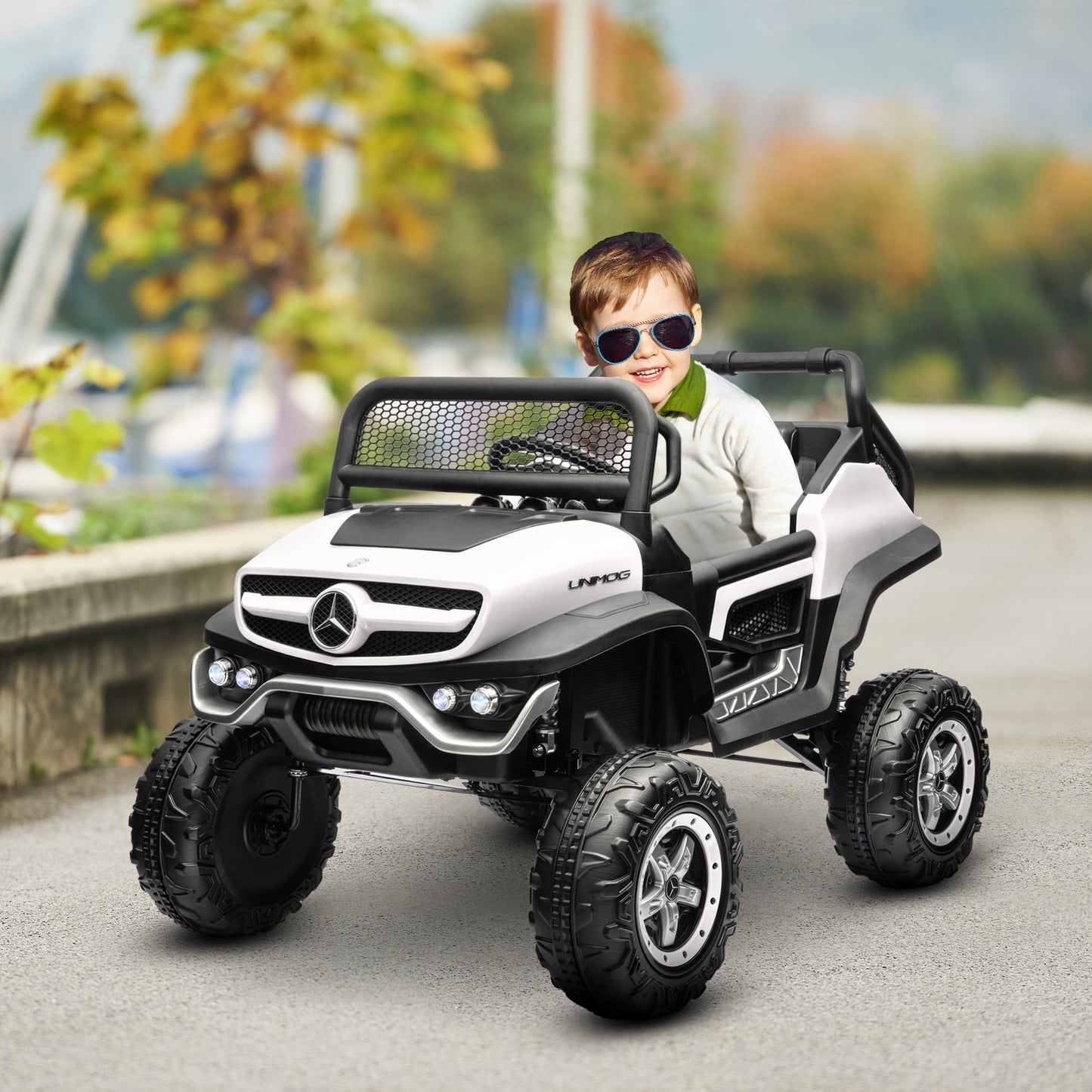 HOMCOM Mercedes-Benz Off-Road Electric Ride-On for Kids: 12V, Remote Control, Lights & Music, White - ALL4U RETAILER LTD