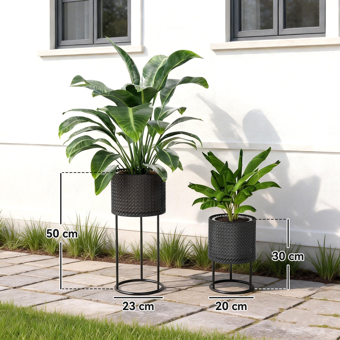 Outsunny Metal Plant Pots Set Of 2 With Hollow Design Flower Planters For Garden Balcony Black