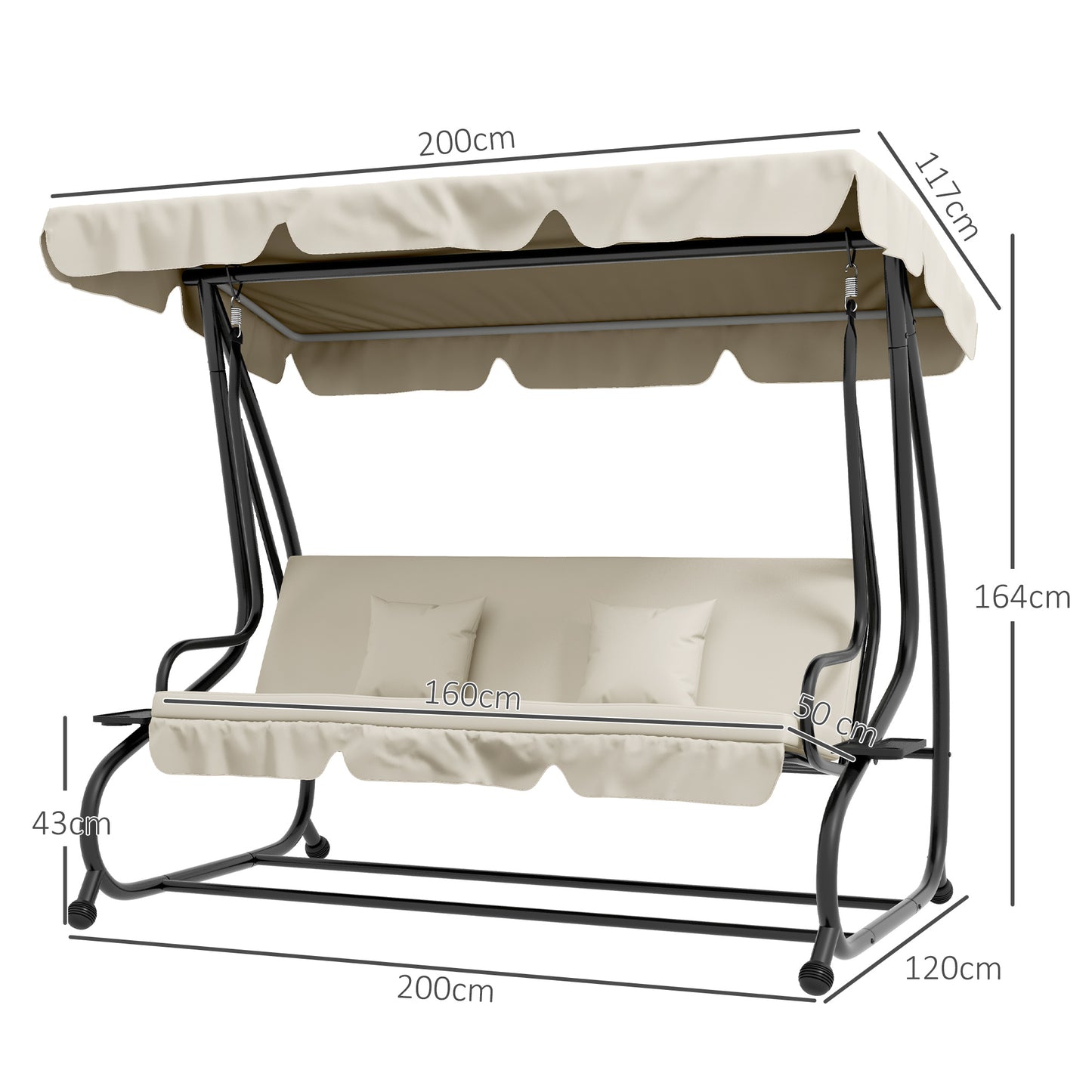 Outsunny Convertible Three-Seater Swing Chair Bed With Canopy For Garden Balcony Or Porch In Cream