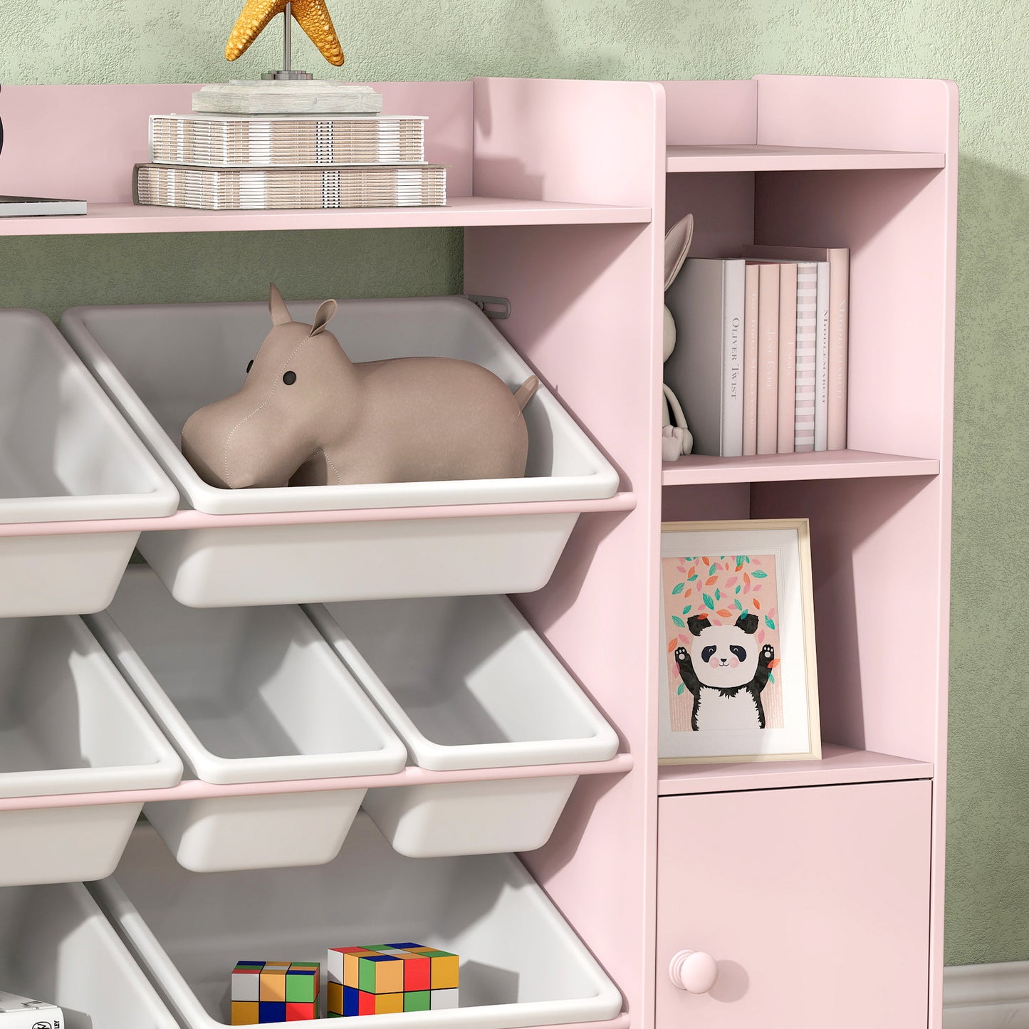 AIYAPLAY Kids Toy Organizers And Storage With 8 Removable Bins And Bookshelf Pink