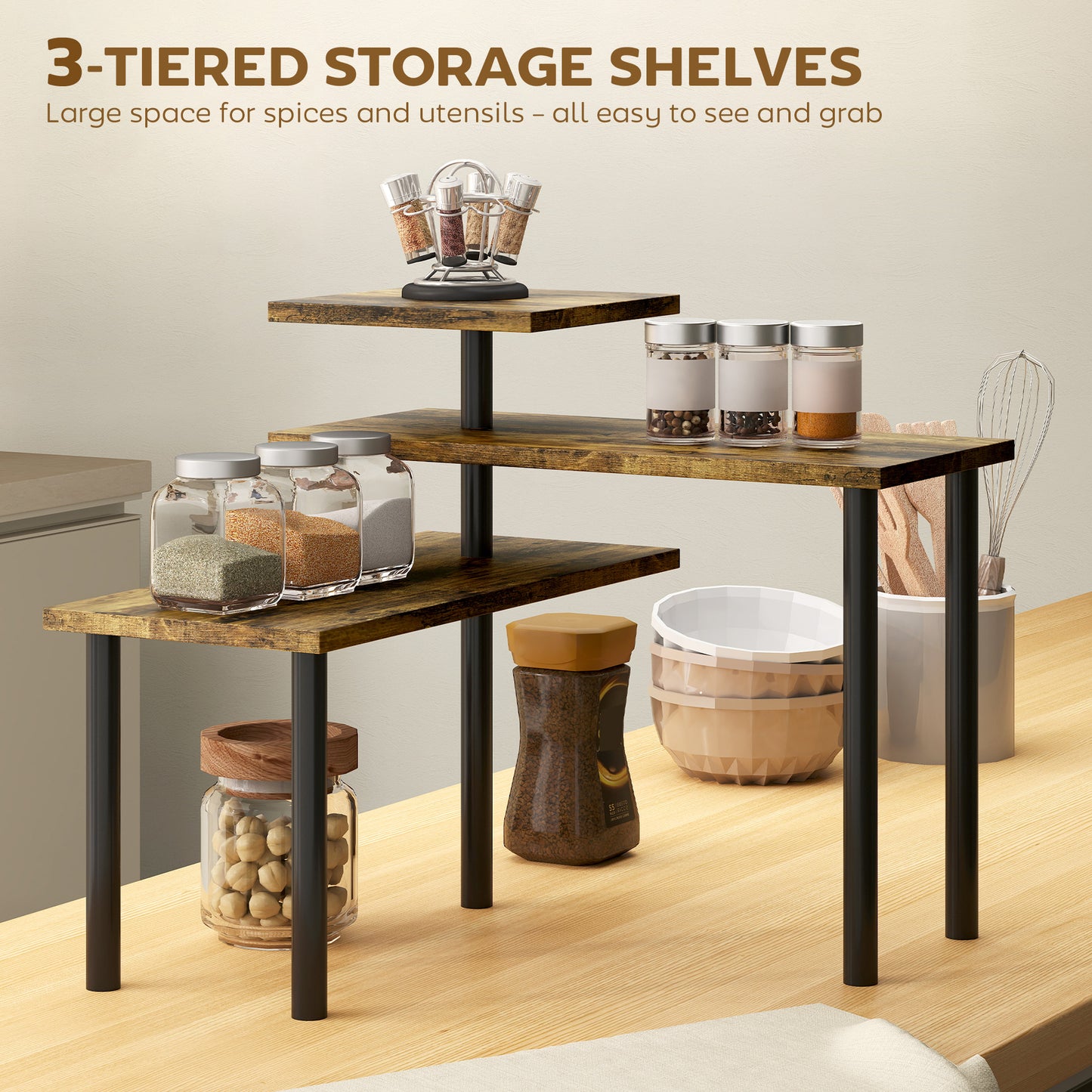 HOMCOM 3 Tier Kitchen Countertop Organizer with Adjustable Spice Rack Corner Shelf for Kitchen Coffee Bar Bathroom