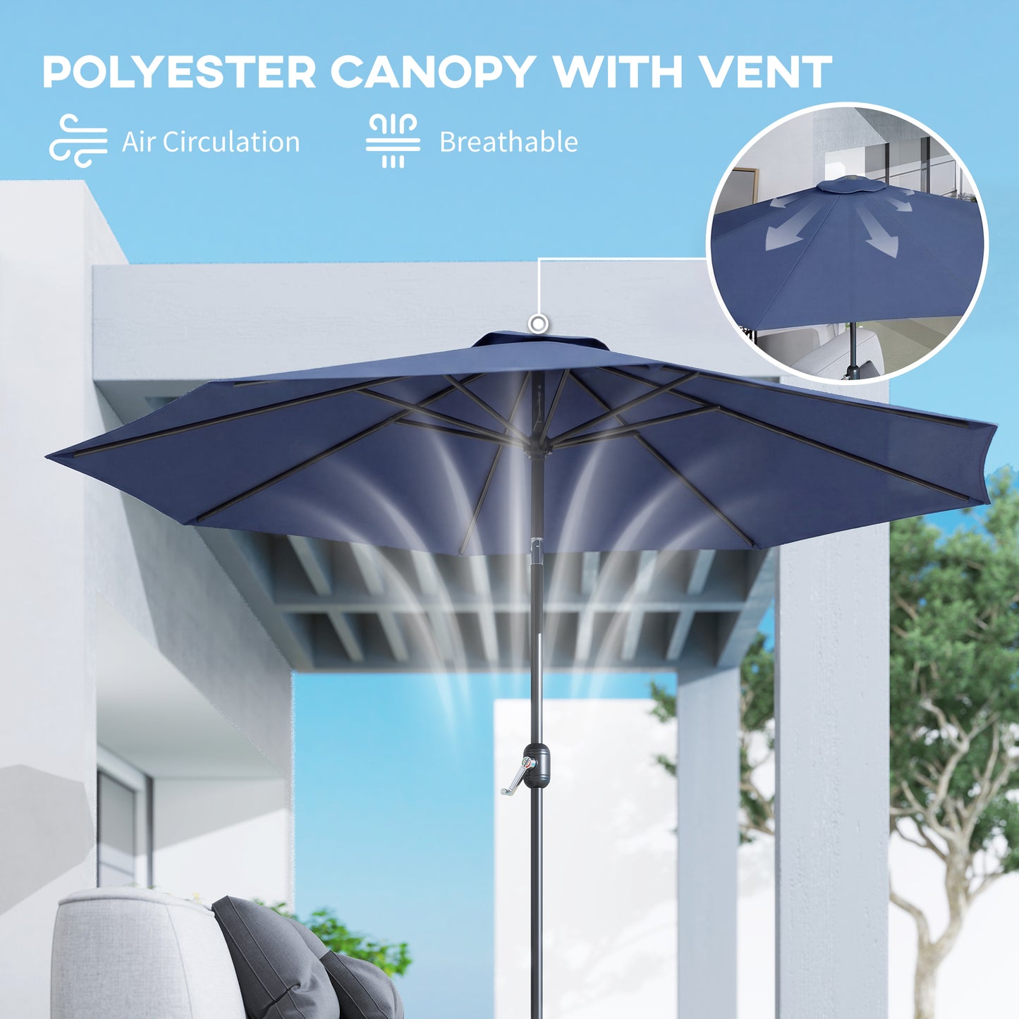 Outsunny 3m Garden Parasol Umbrellas With Tilt And Crank Handle 8 Ribs Navy Blue