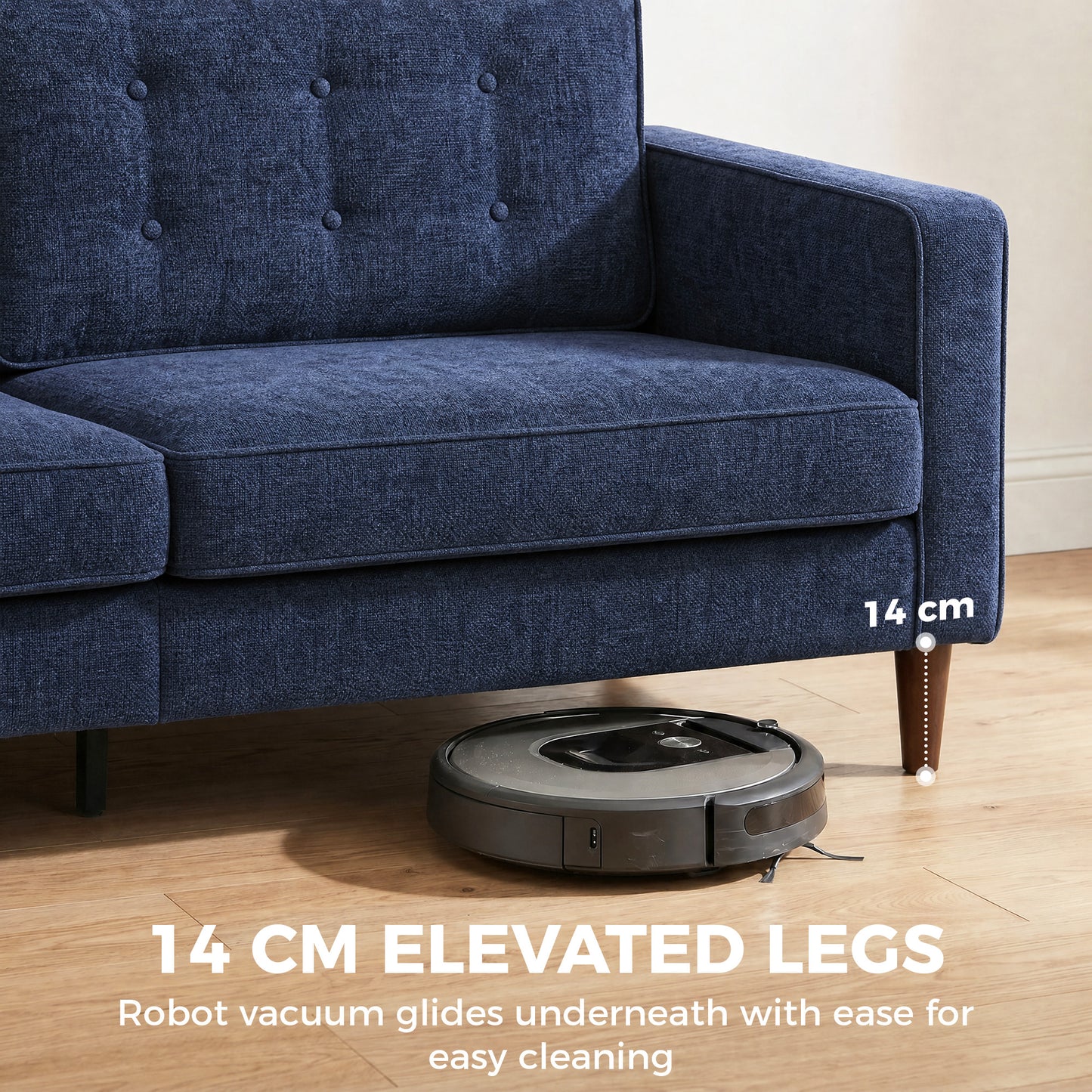 HOMCOM 3 Seater Sofa With Button Tufted Upholstered Velvet And Wood Legs For Living Room Dark Blue