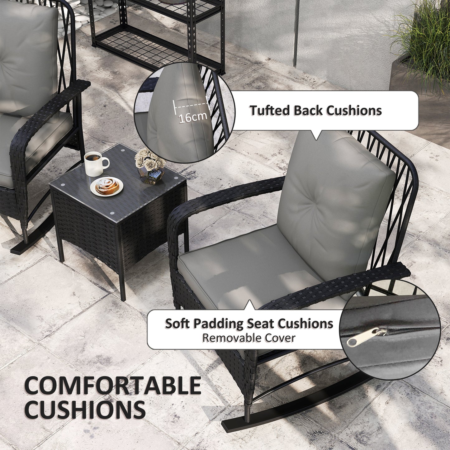Outsunny Three Piece Rattan Bistro Set With Glass Top Table Two Rocking Chairs Black