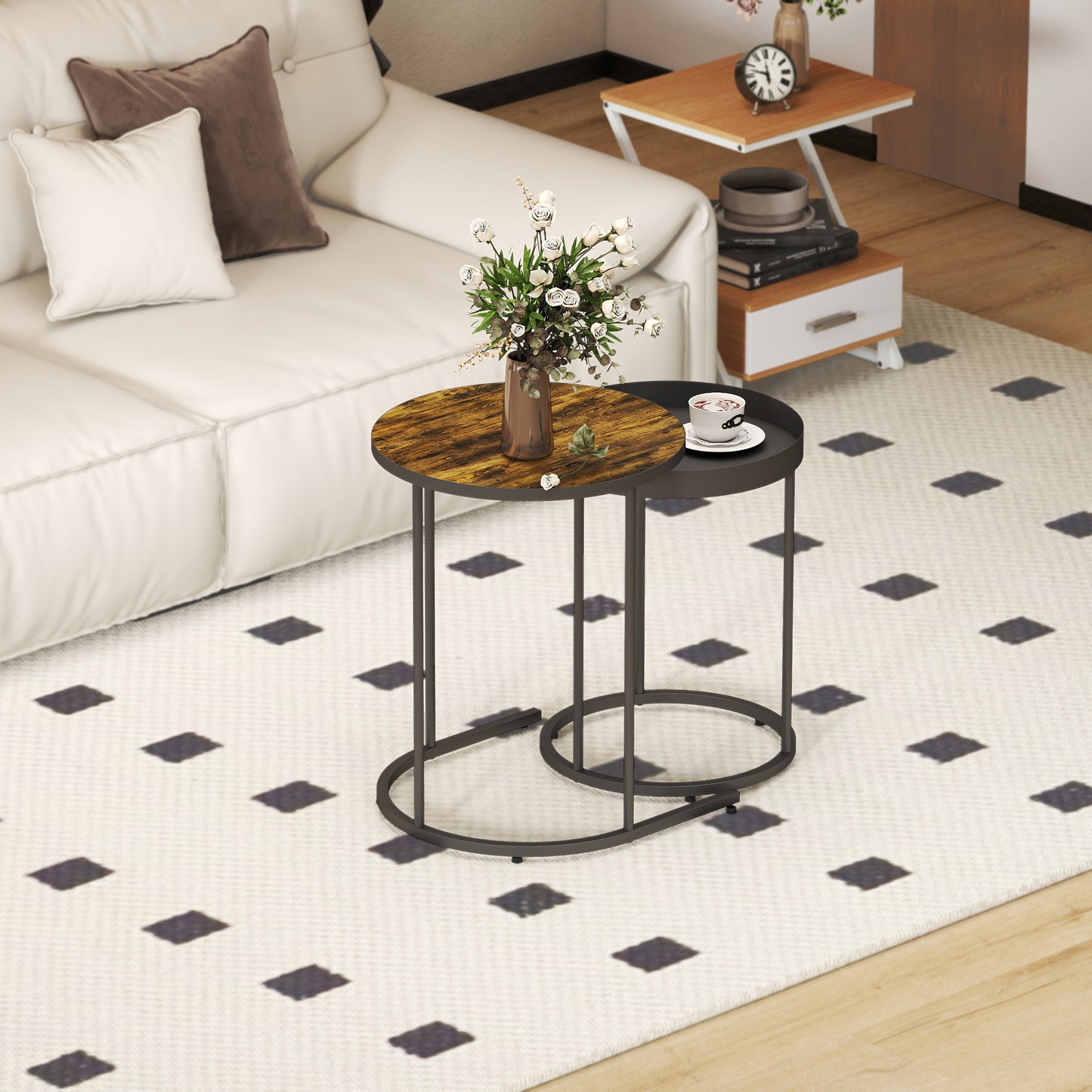 Industrial Nesting Tables Set of Two Brown and Black Finish Space Saving Nesting Tables for Living Room