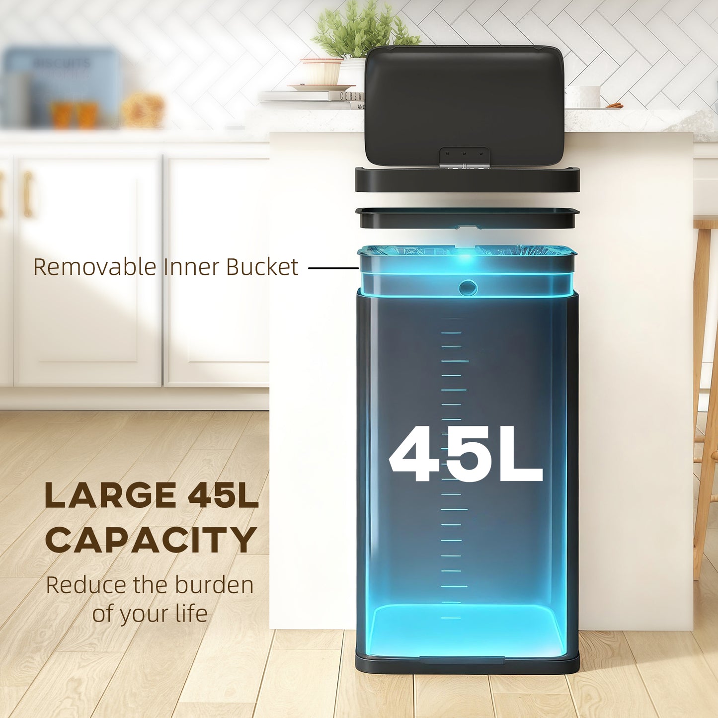 HOMCOM 45L Kitchen Sensor Bin Black Touchless Motion Sensor Lid Auto Open And Quiet Close With Removable Inner Bucket